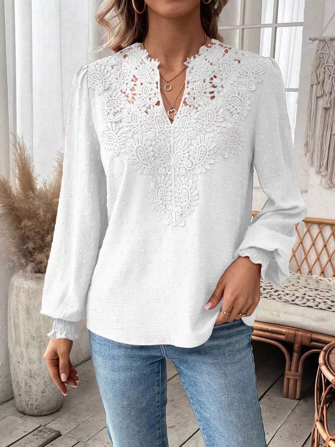 Lace Trim Long Sleeve Blouse - Image 12