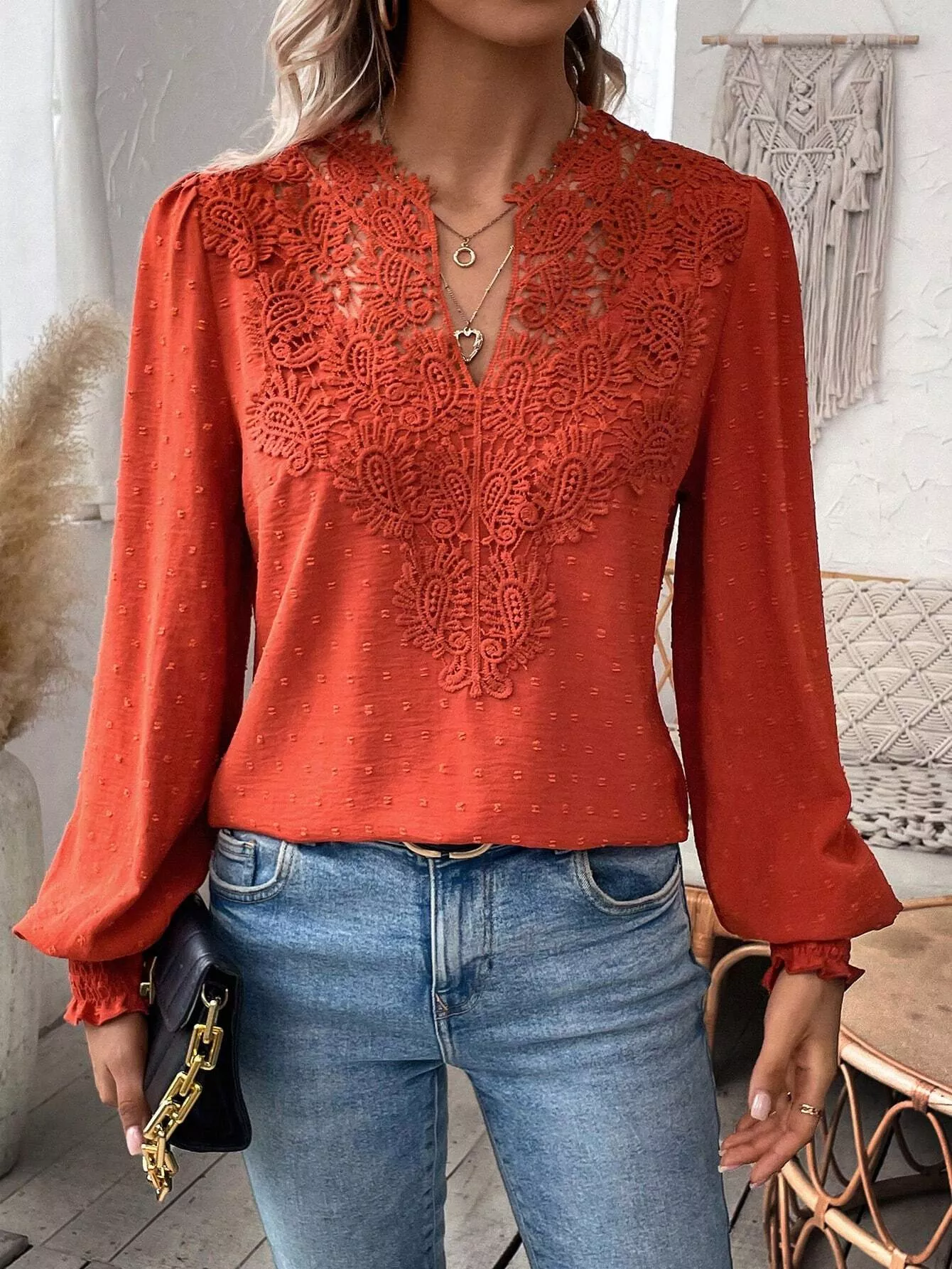 Lace Trim Long Sleeve Blouse - Image 25