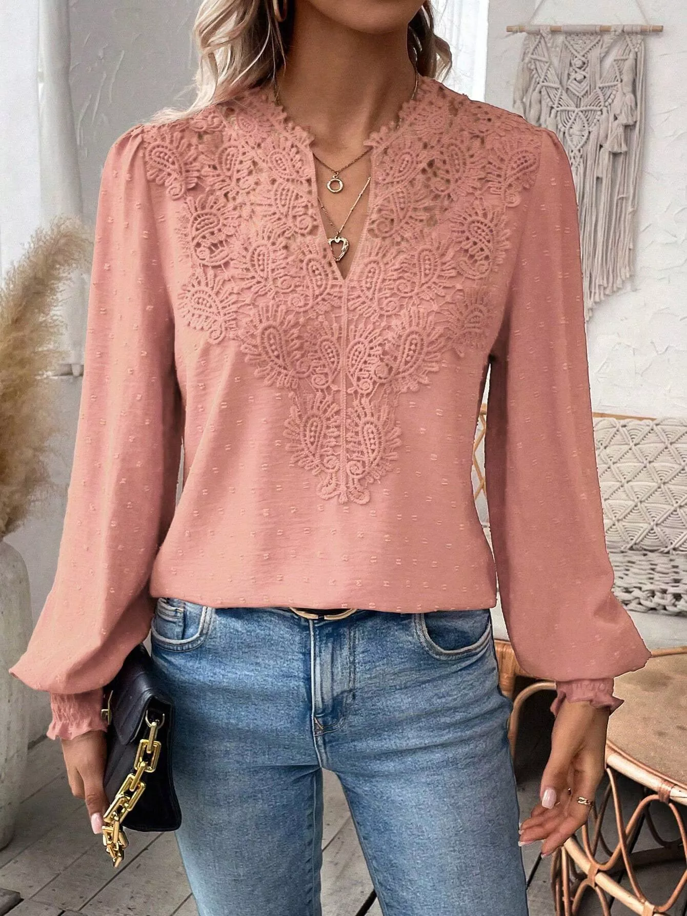 Lace Trim Long Sleeve Blouse - Image 29