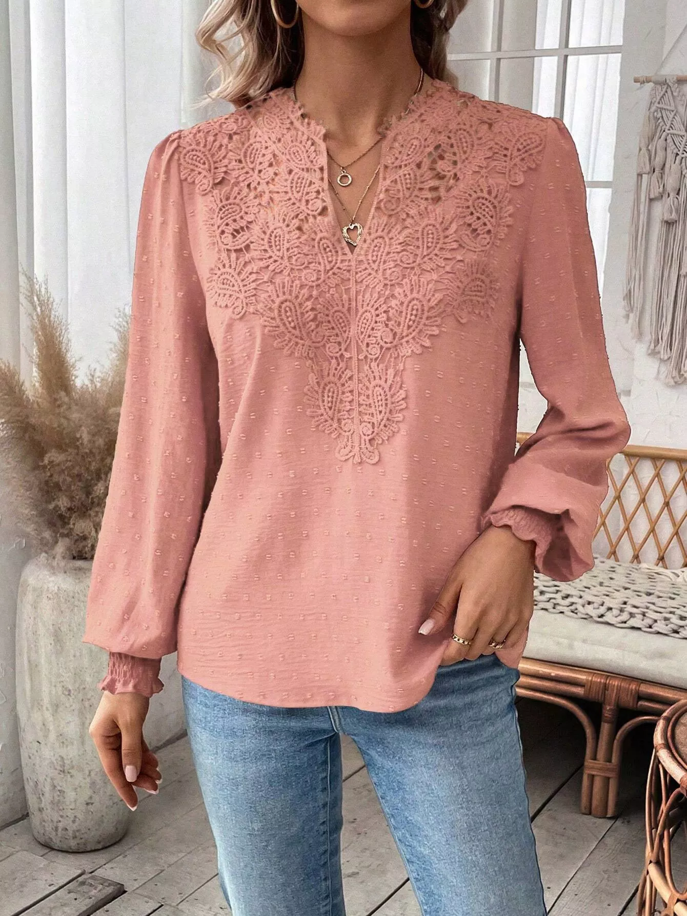 Lace Trim Long Sleeve Blouse - Image 30