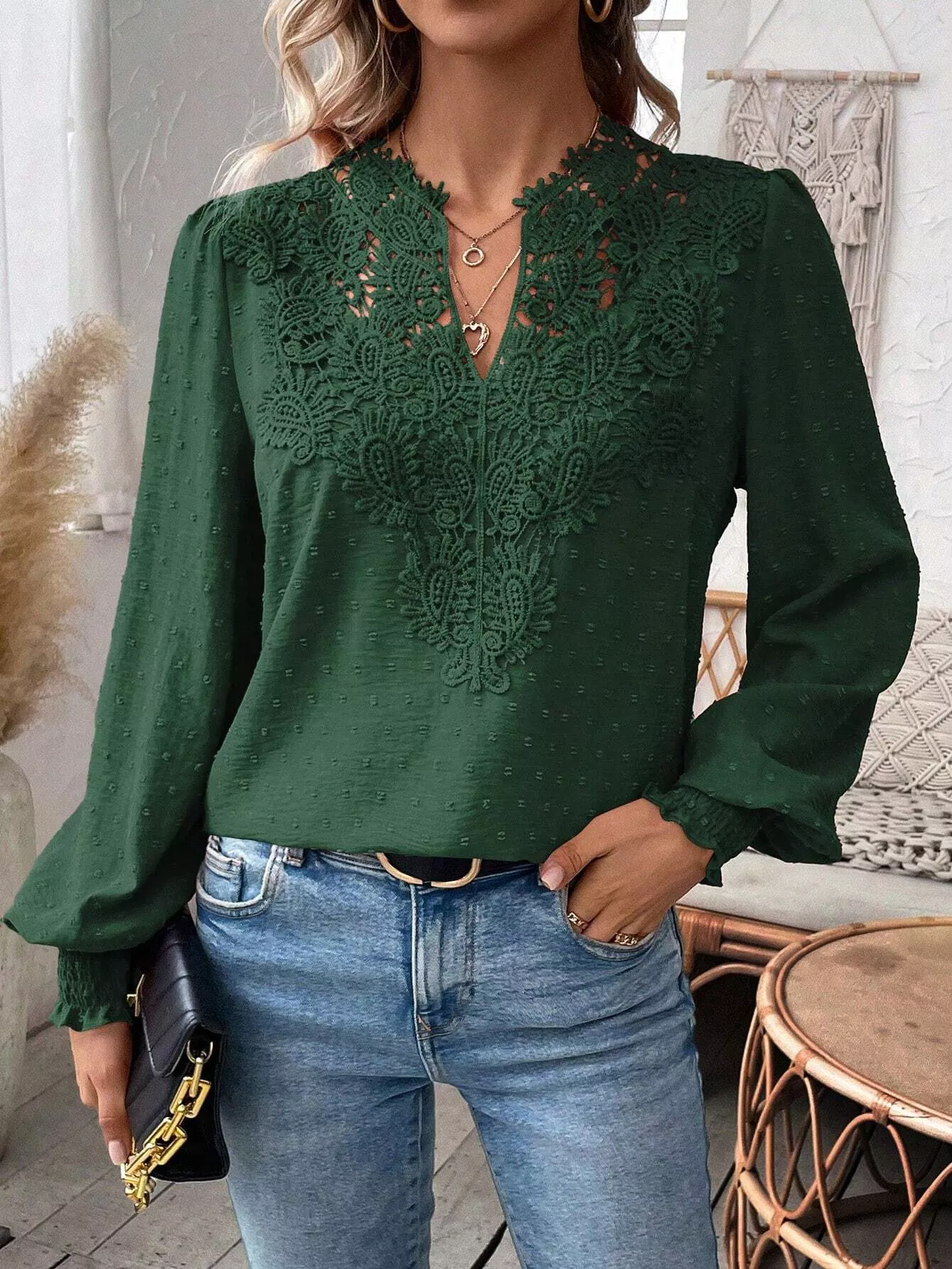 Lace Trim Long Sleeve Blouse - Image 5