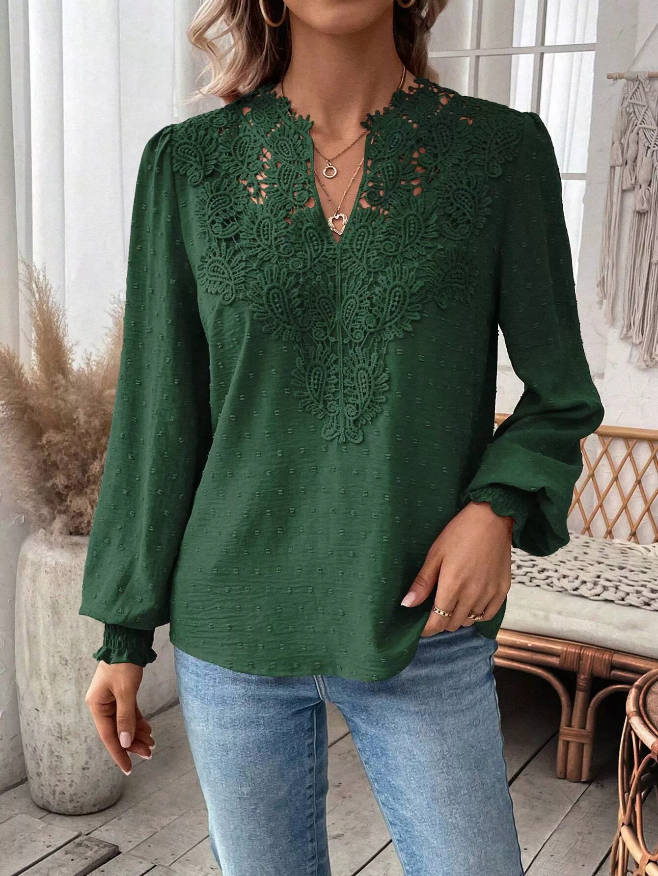 Lace Trim Long Sleeve Blouse - Image 6
