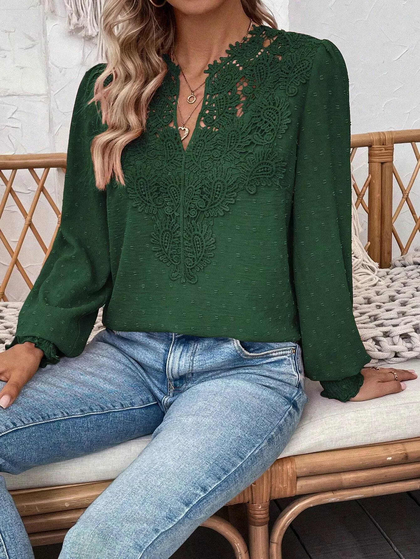 Lace Trim Long Sleeve Blouse - Image 7