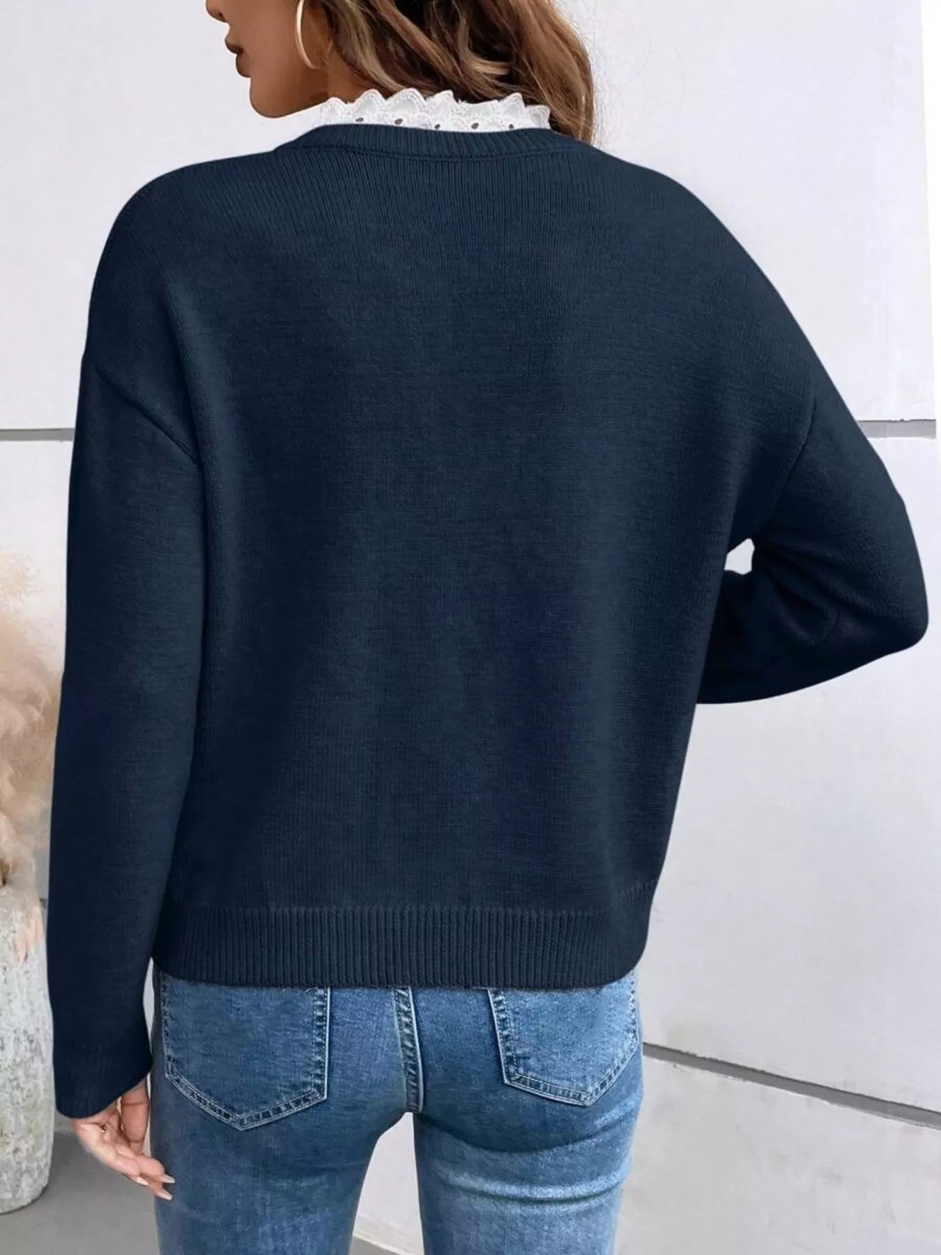 Lace Trim Notched Long Sleeve Sweater - Image 10