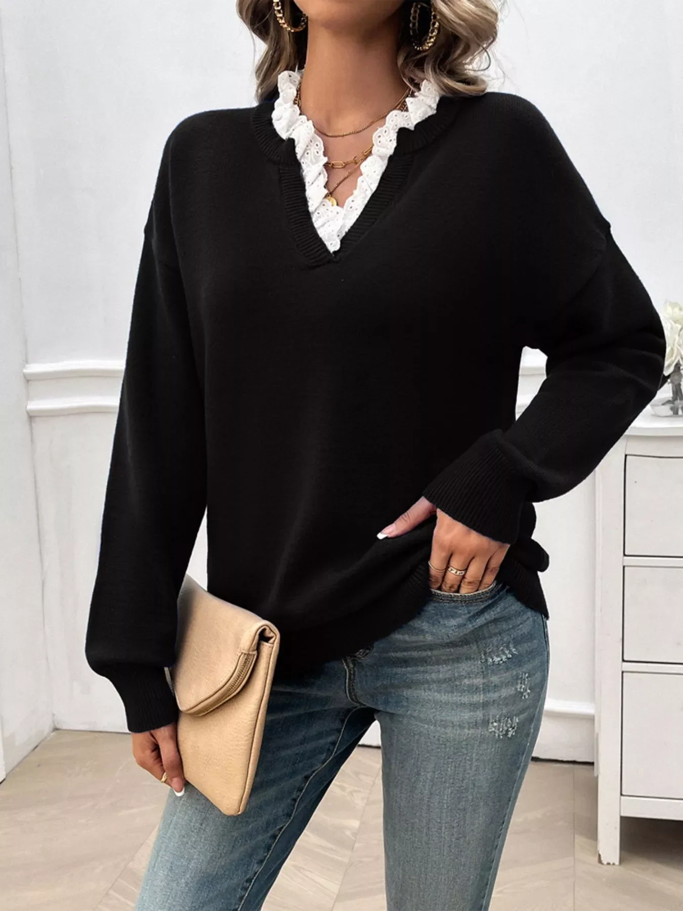 Lace Trim Notched Long Sleeve Sweater - Image 14