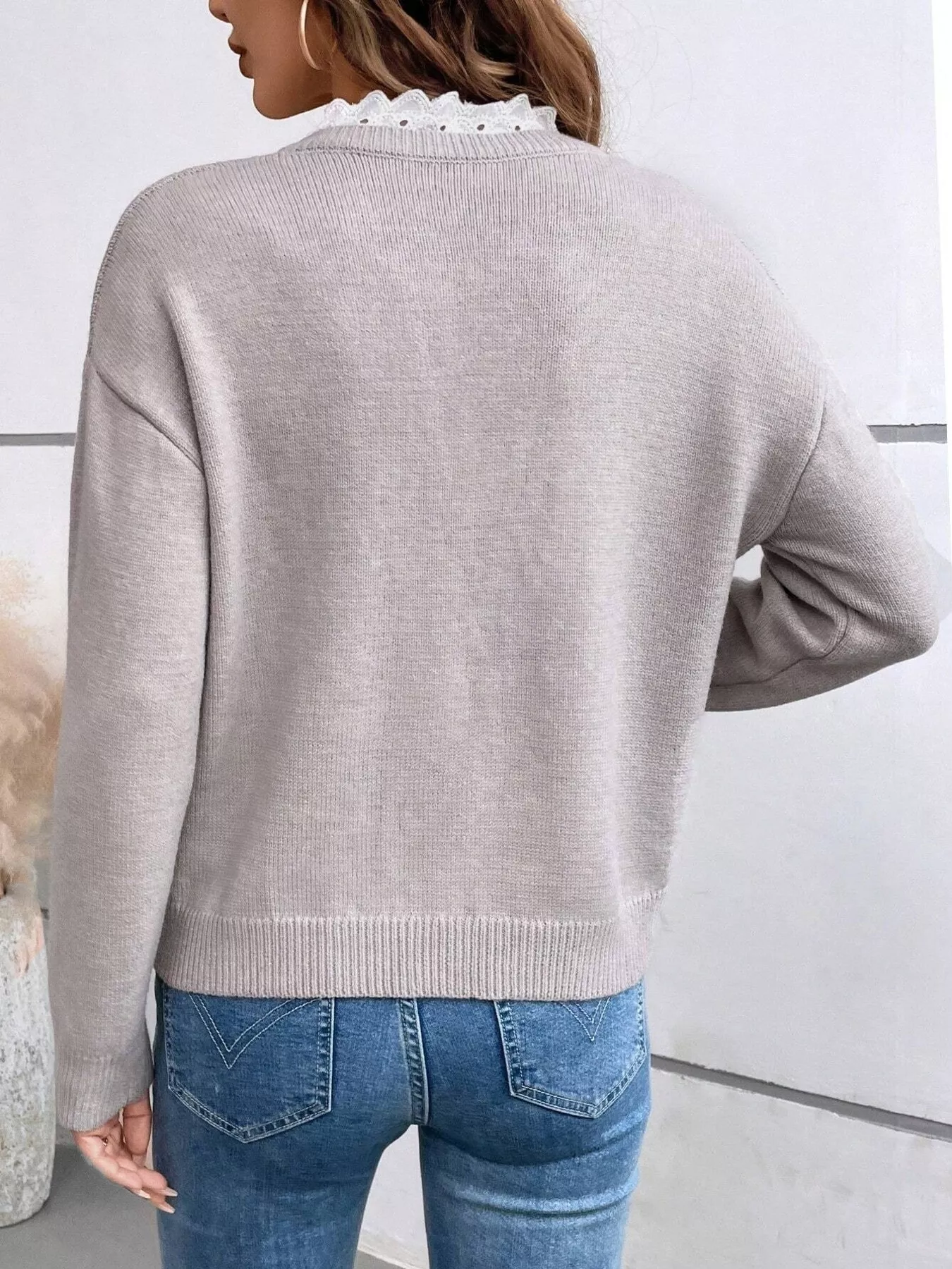 Lace Trim Notched Long Sleeve Sweater - Image 3