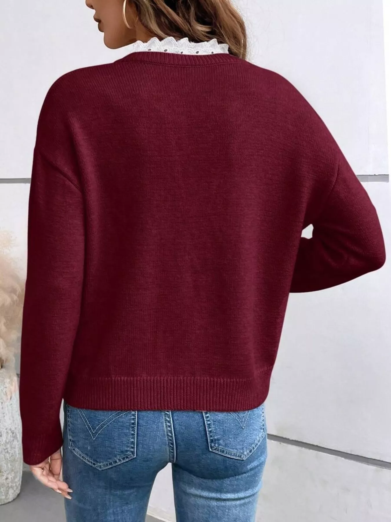 Lace Trim Notched Long Sleeve Sweater - Image 6