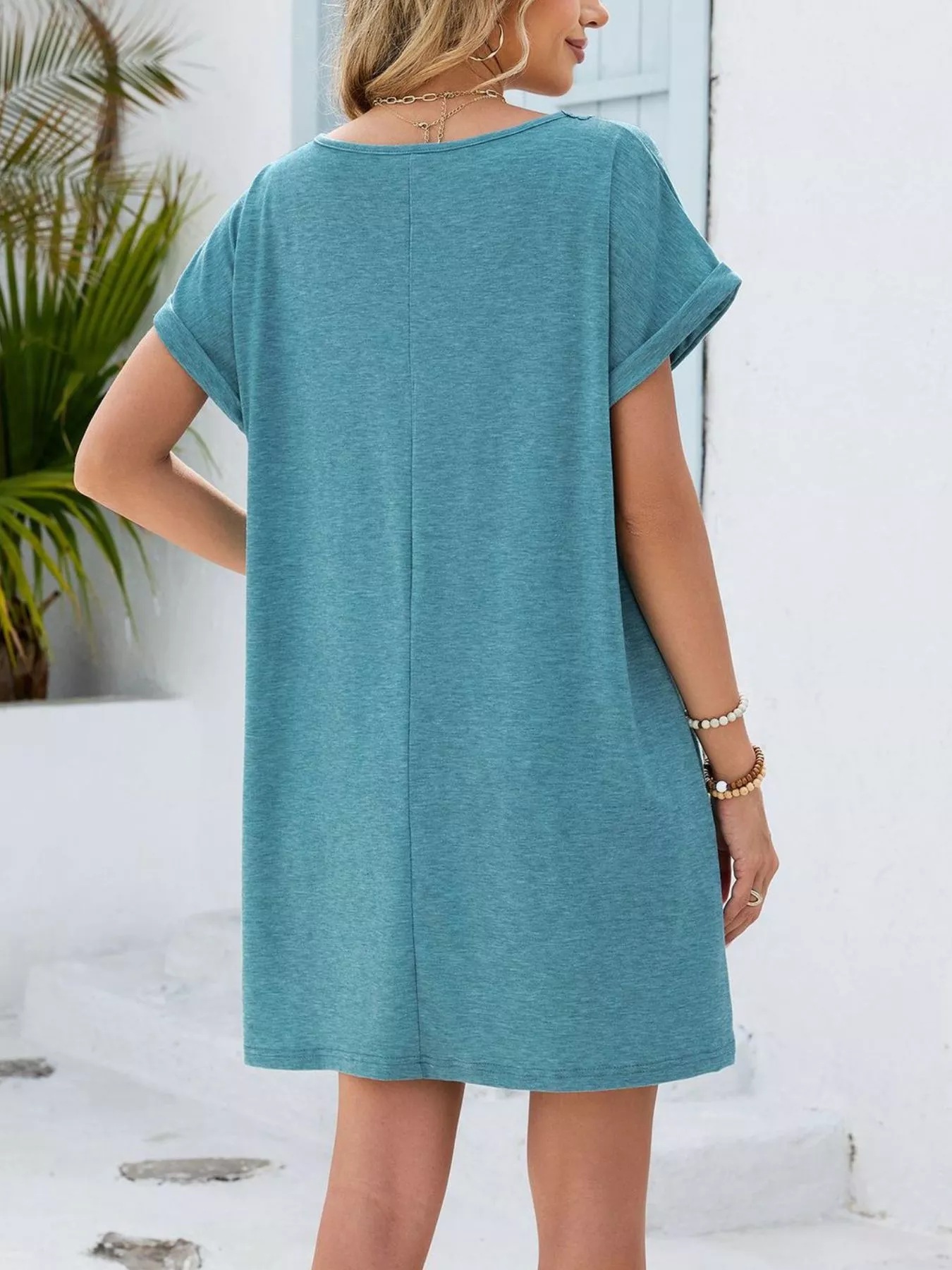 Lace Trim Notched Short Sleeve Dress - Image 12
