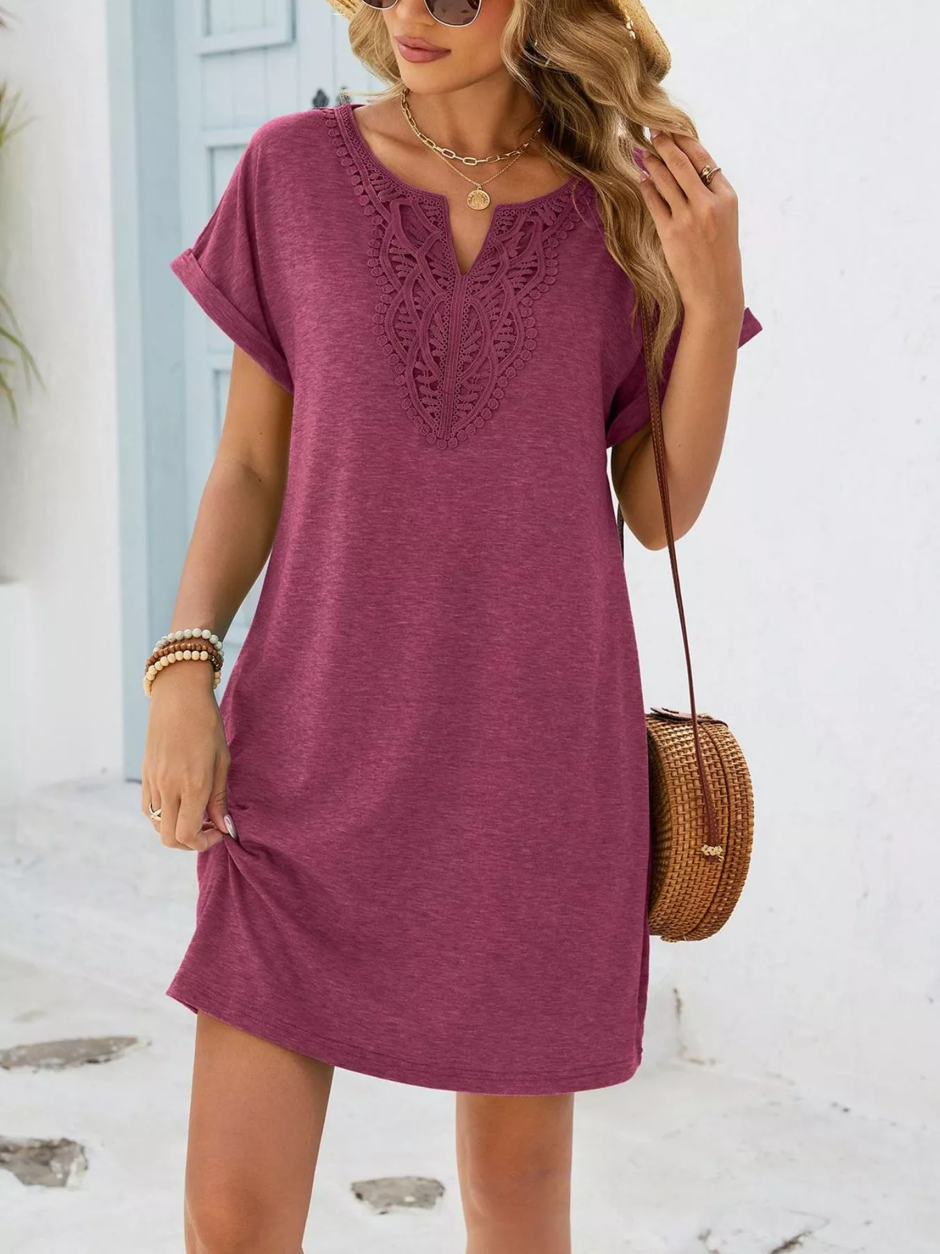 Lace Trim Notched Short Sleeve Dress - Image 14