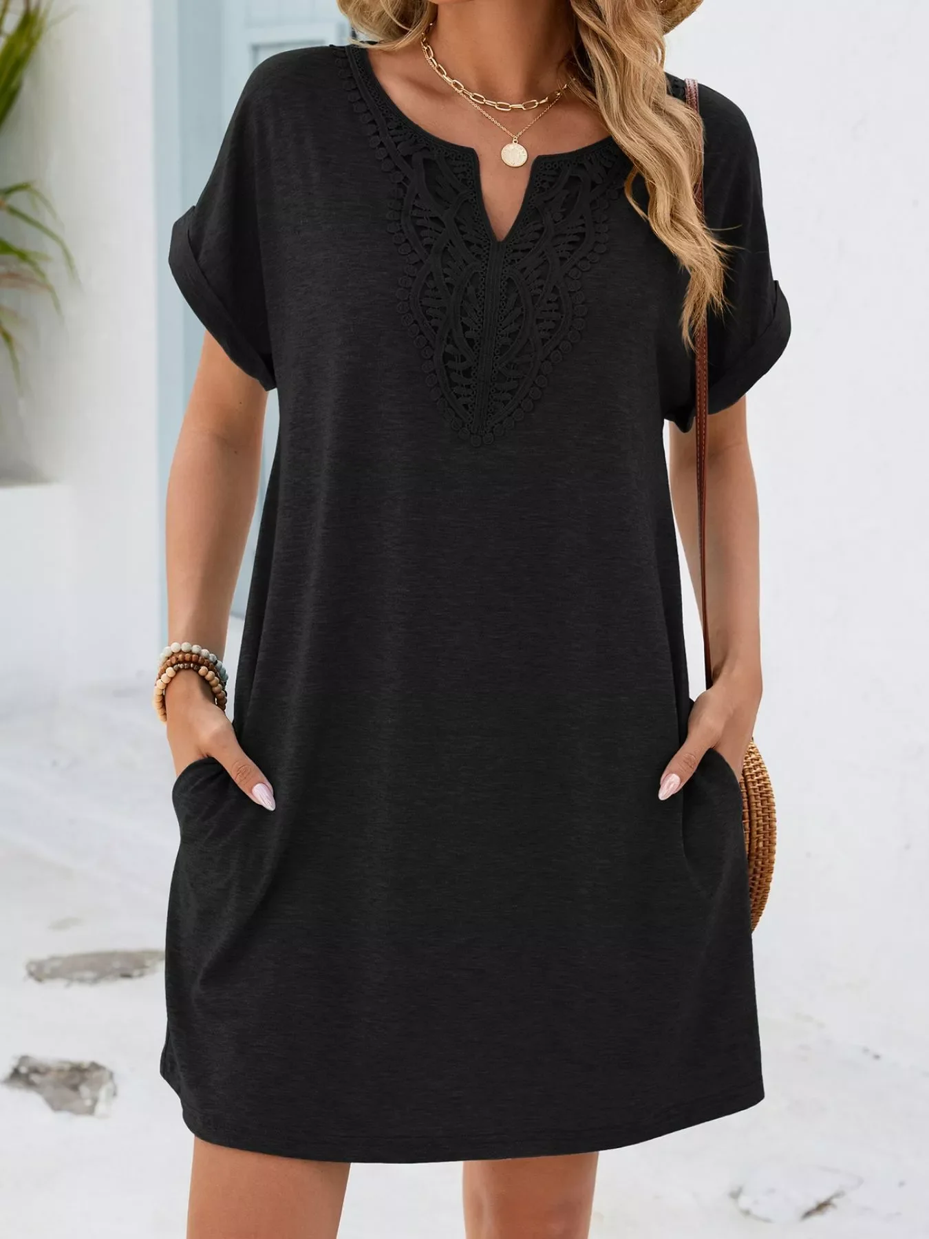 Lace Trim Notched Short Sleeve Dress - Image 19