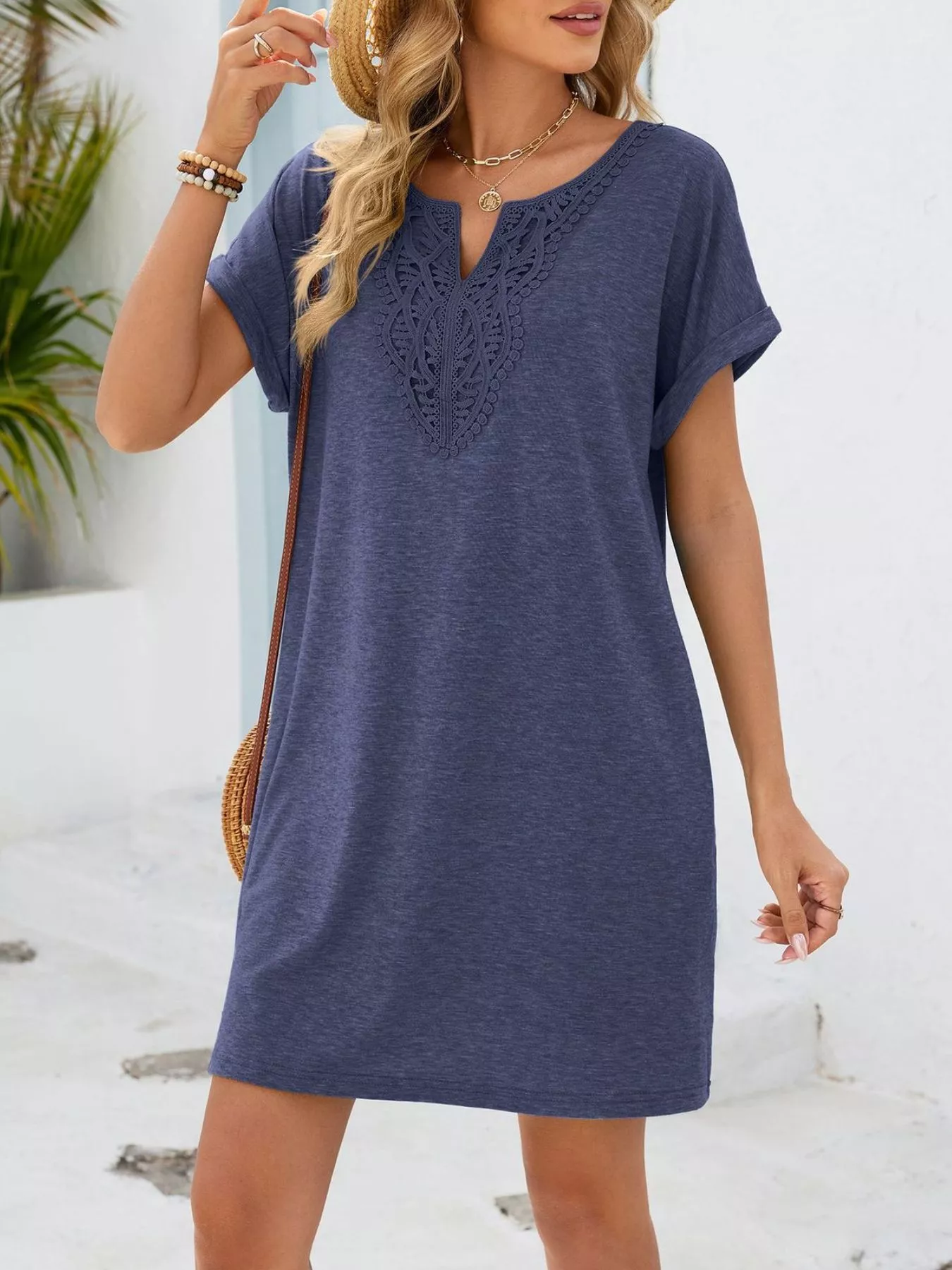 Lace Trim Notched Short Sleeve Dress - Image 3