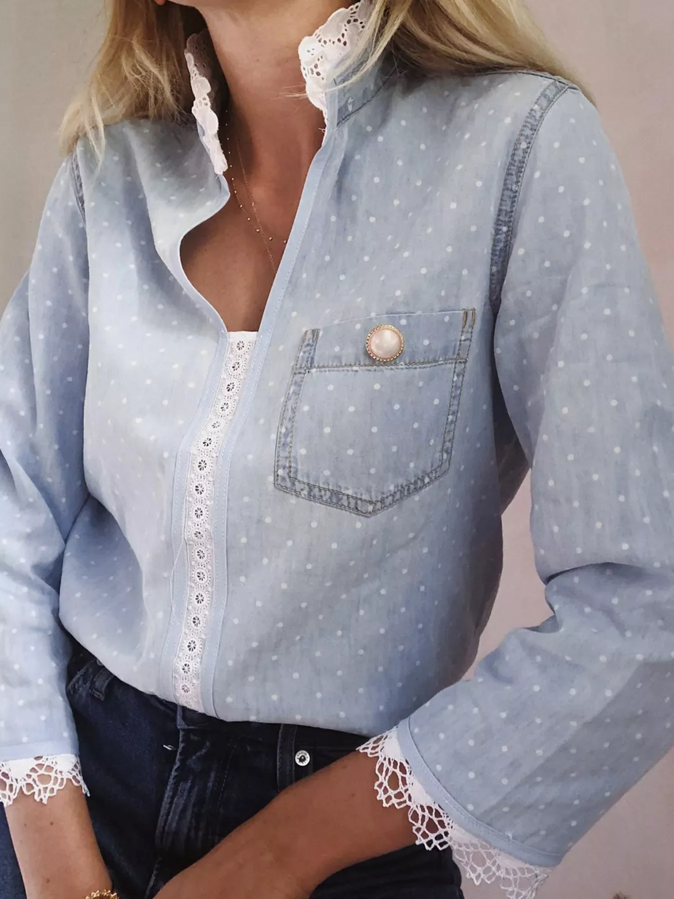 Lace Trim Patchwork Dotted Print Collared Blouse - Image 2