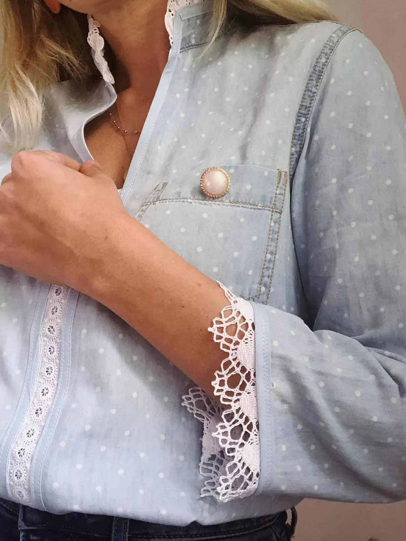Lace Trim Patchwork Dotted Print Collared Blouse - Image 3