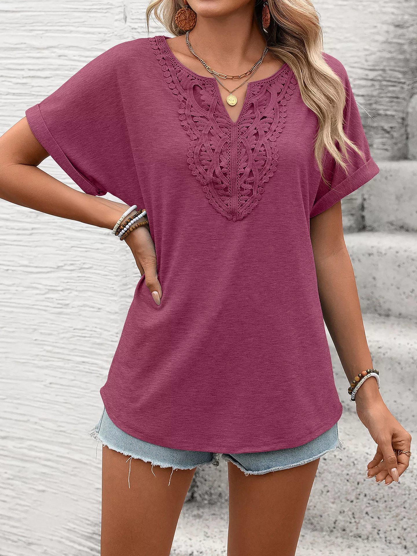 Lace Trim Short Sleeve T-Shirt - Image 25