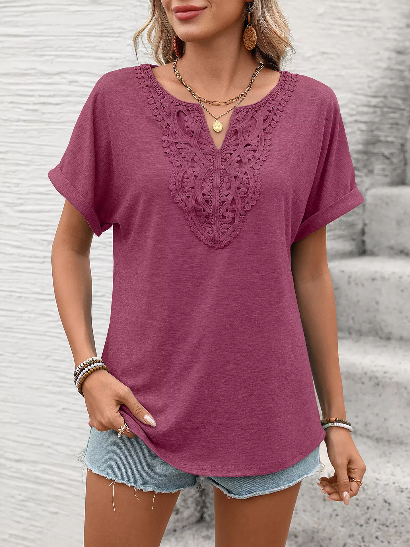 Lace Trim Short Sleeve T-Shirt - Image 27