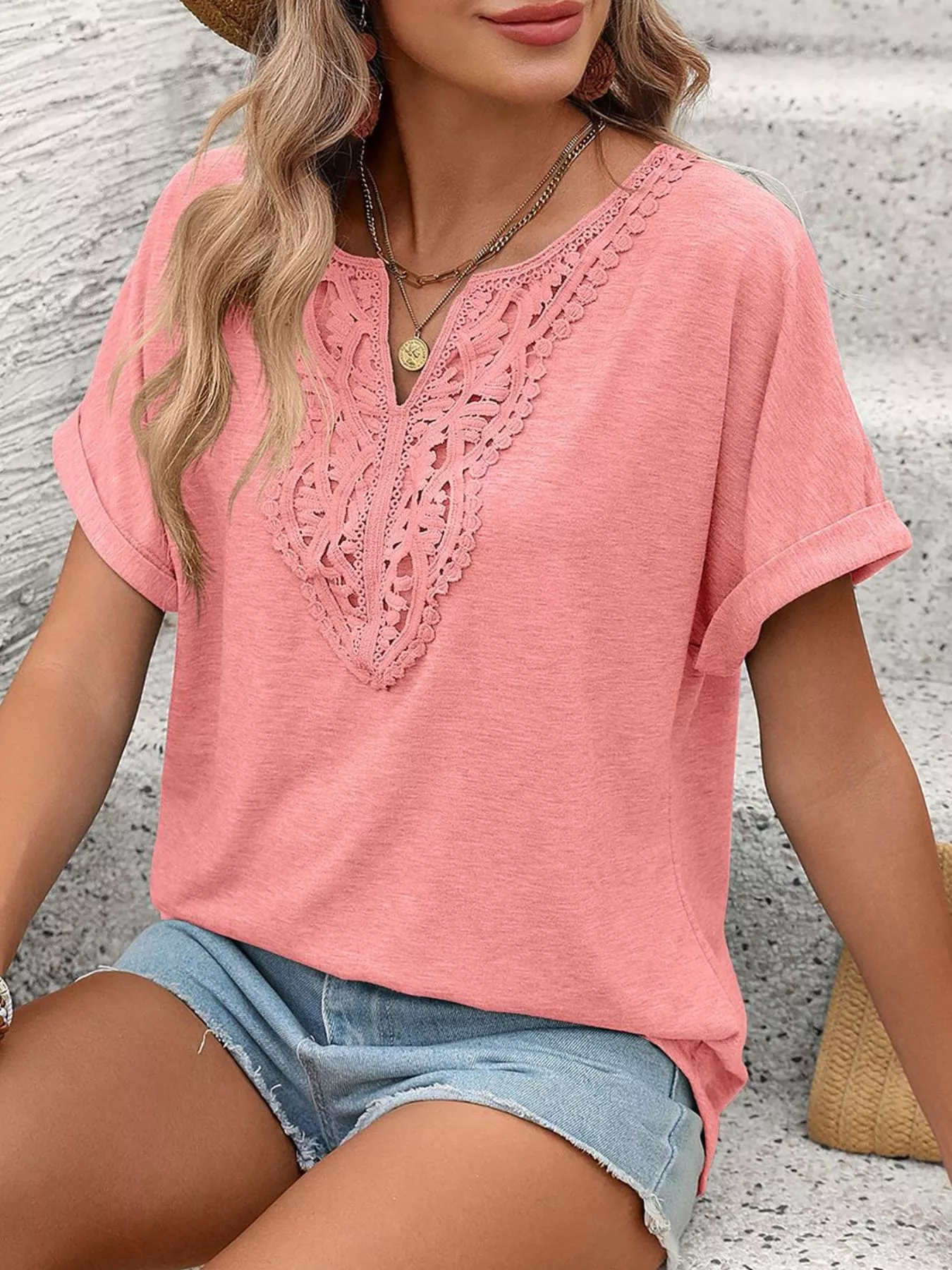 Lace Trim Short Sleeve T-Shirt - Image 30