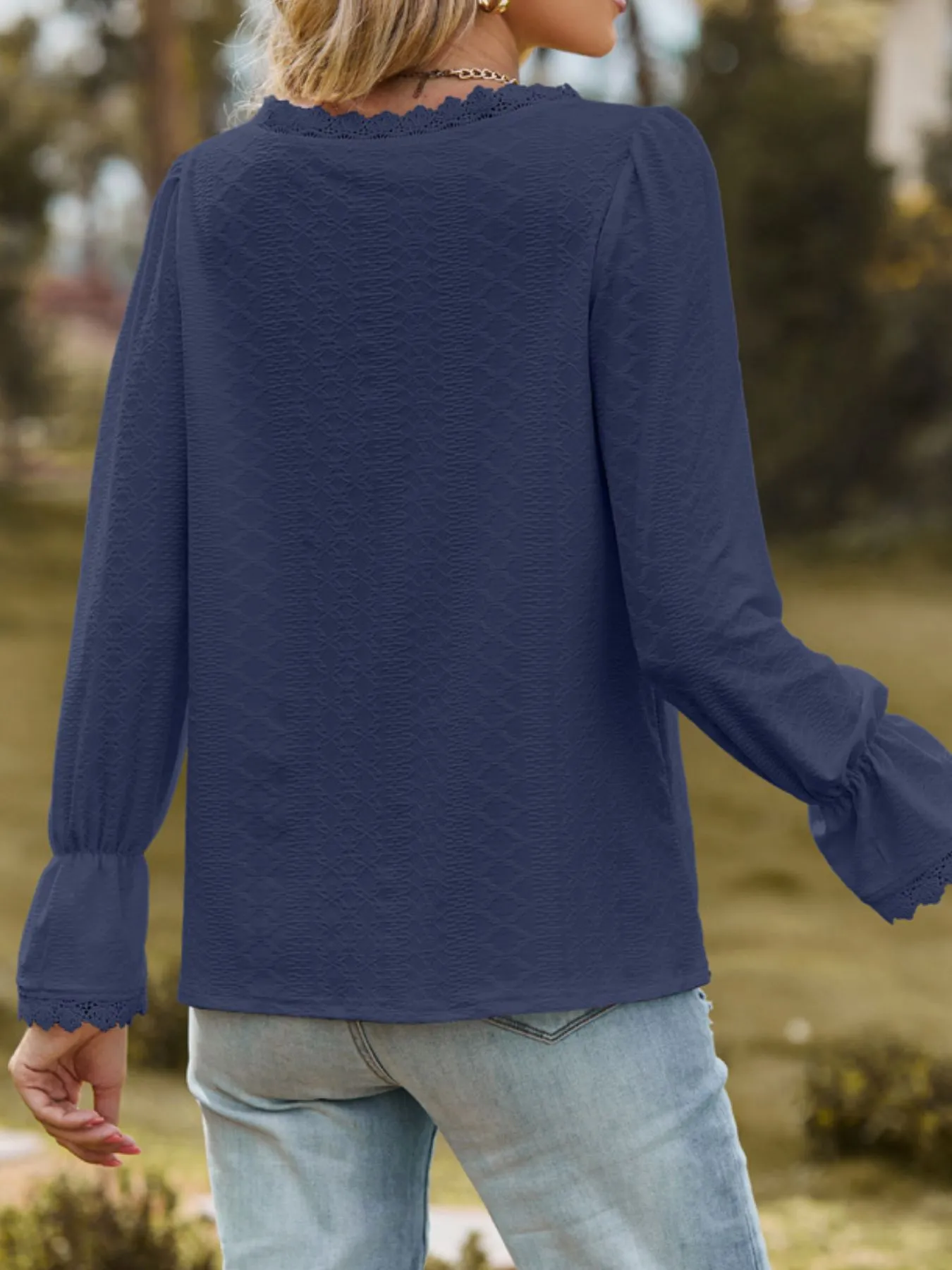 Lace Trim V-Neck Blouse with Flounce Sleeves - Image 16