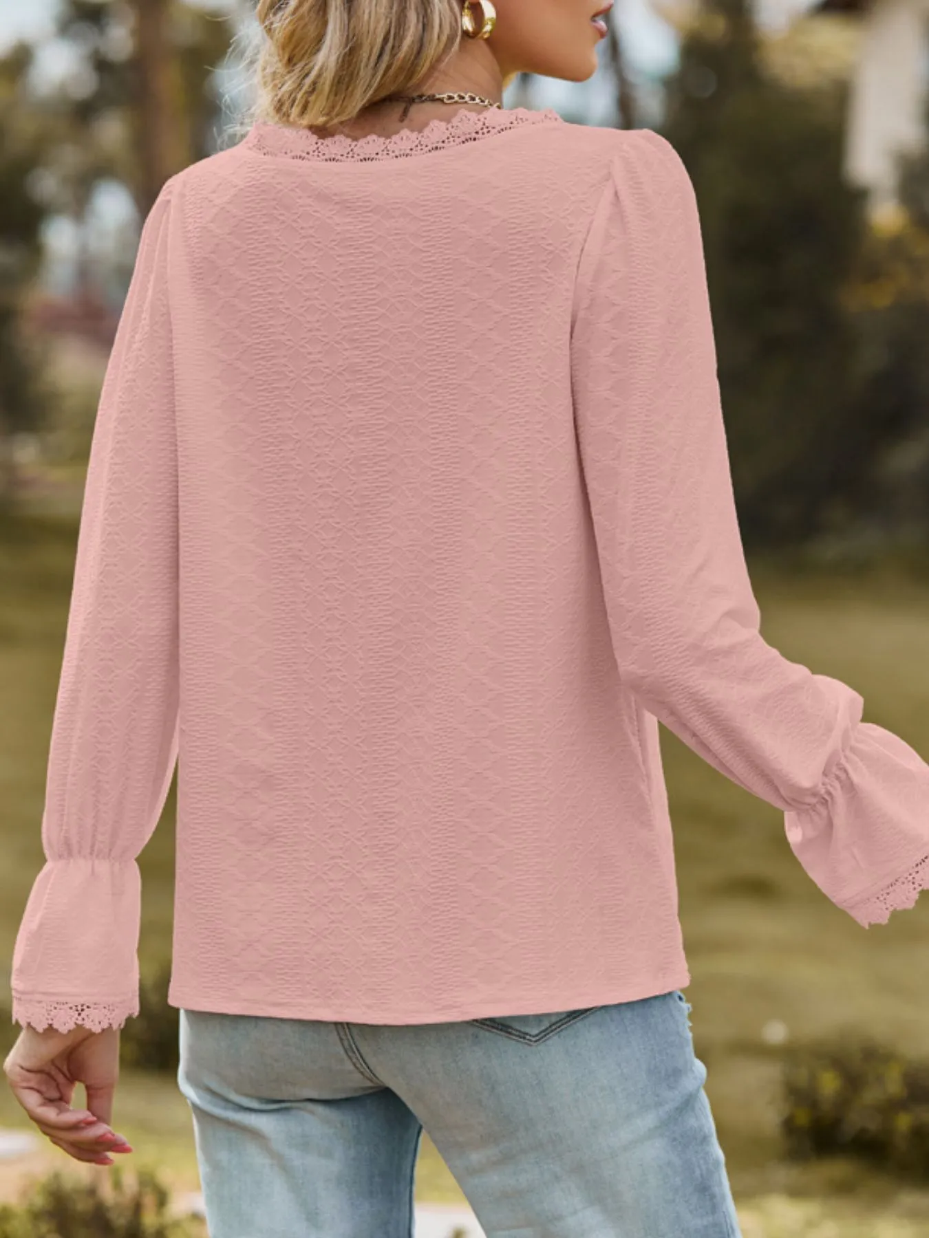 Lace Trim V-Neck Blouse with Flounce Sleeves - Image 24