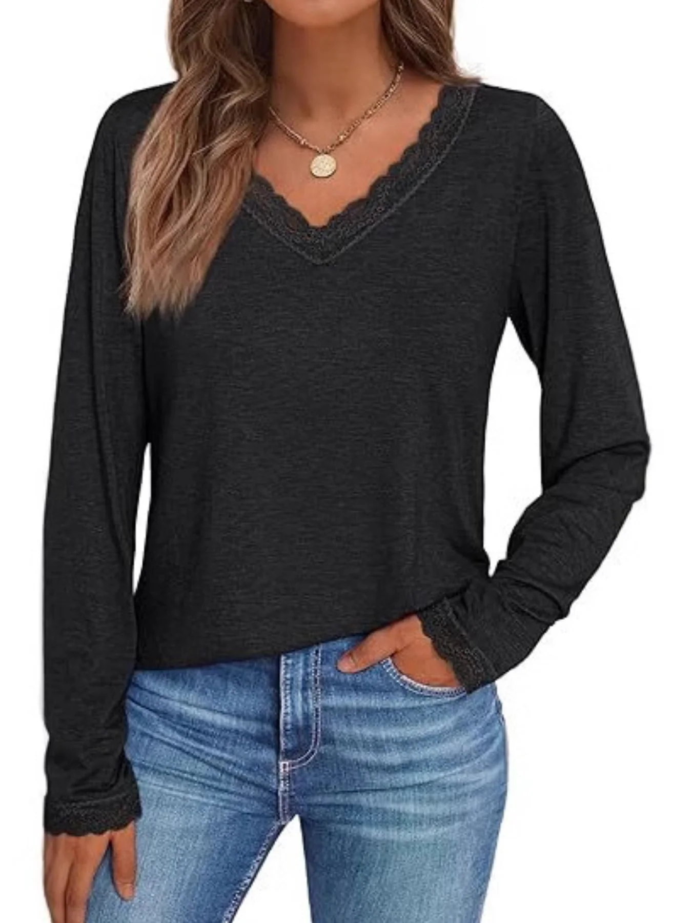 Lace Trim V-Neck Long Sleeve T-Shirt - Image 10