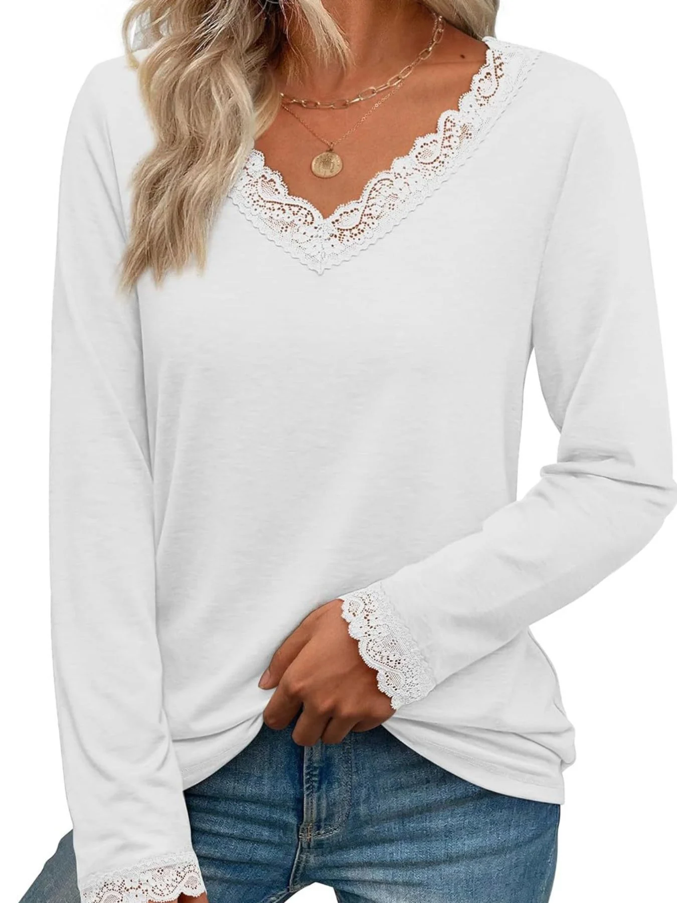 Lace Trim V-Neck Long Sleeve T-Shirt - Image 11