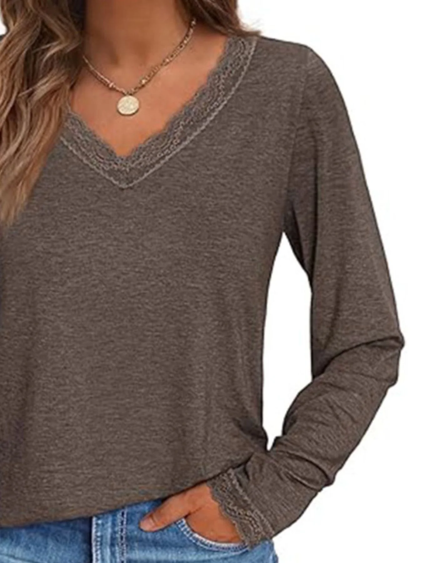 Lace Trim V-Neck Long Sleeve T-Shirt - Image 15