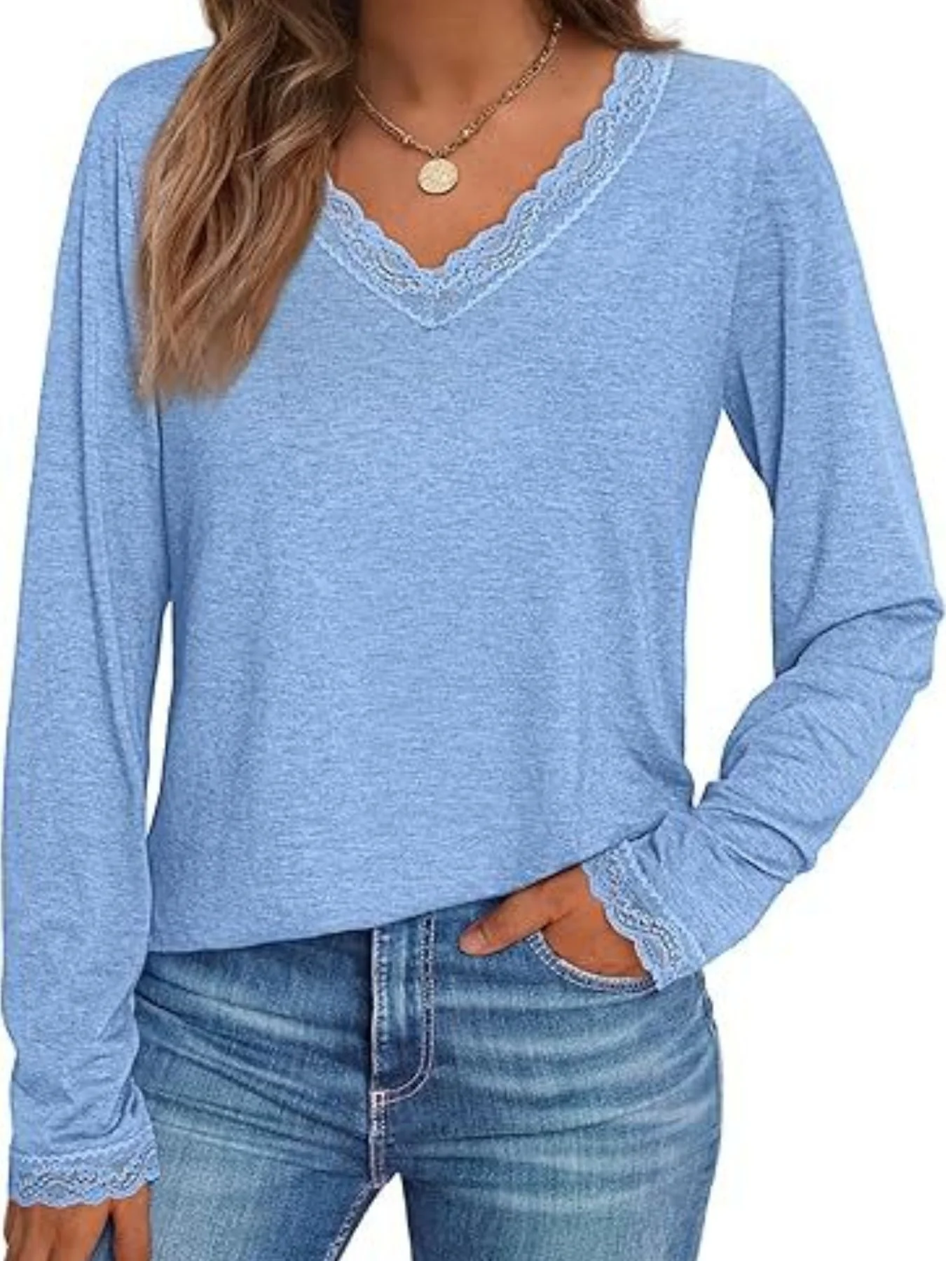 Lace Trim V-Neck Long Sleeve T-Shirt - Image 16