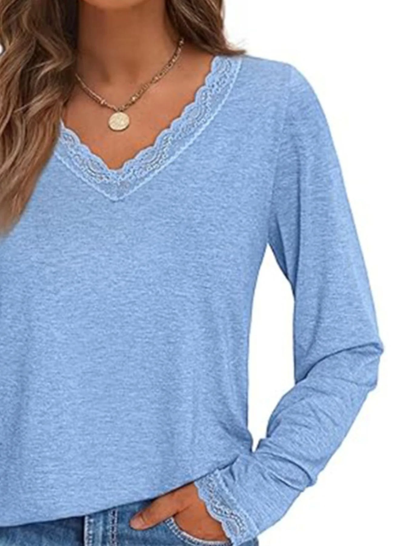 Lace Trim V-Neck Long Sleeve T-Shirt - Image 17