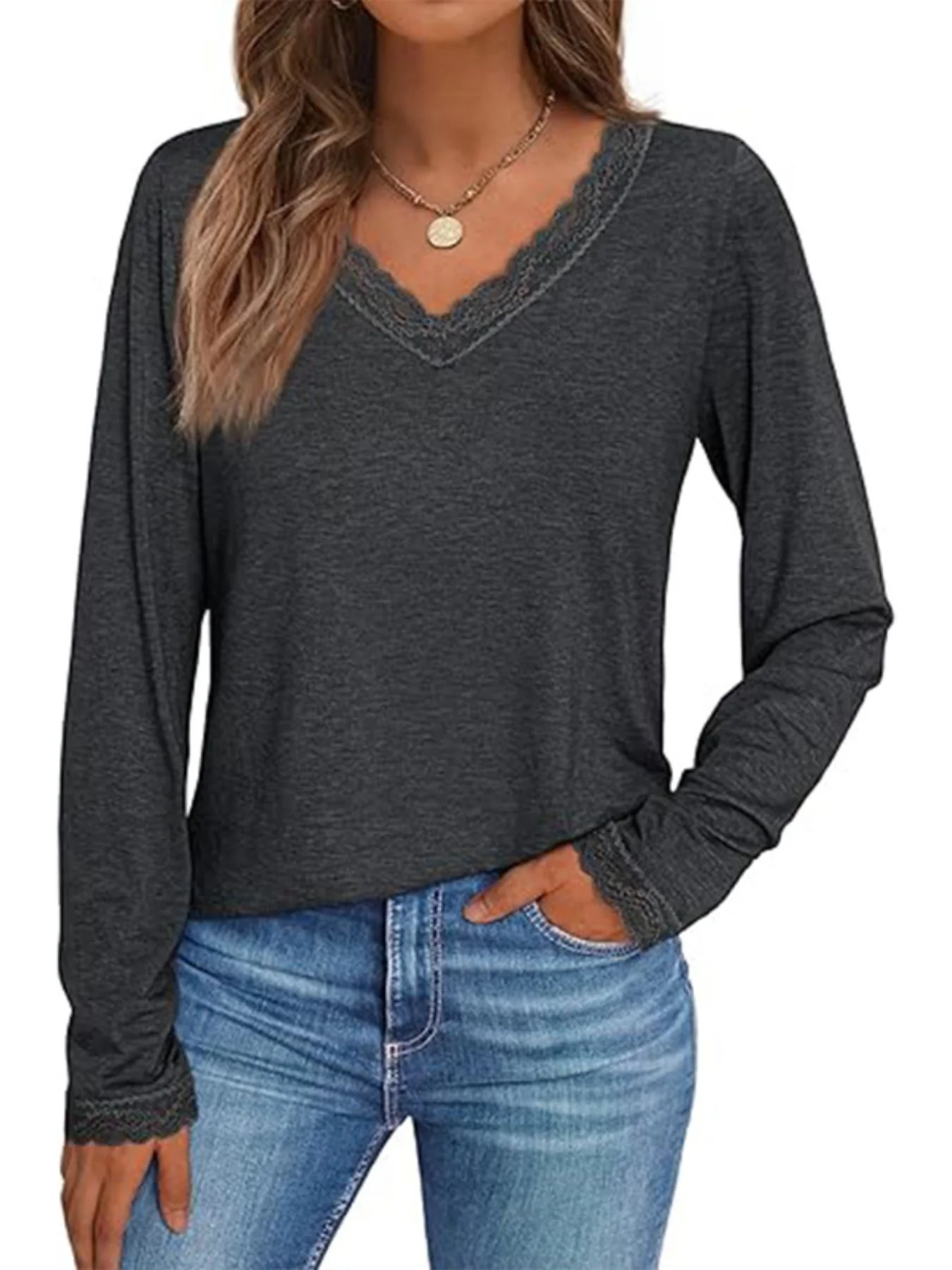 Lace Trim V-Neck Long Sleeve T-Shirt - Image 18
