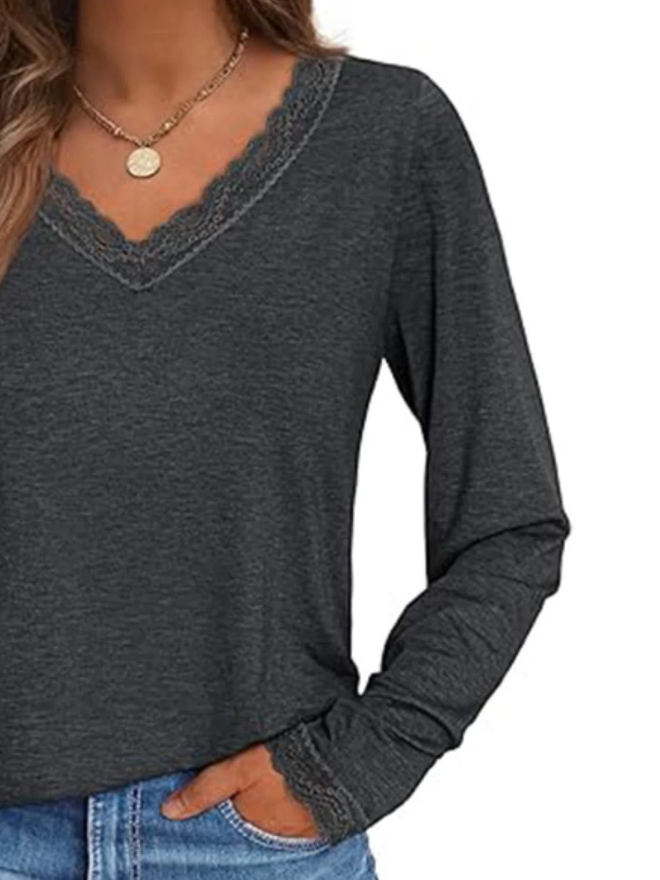 Lace Trim V-Neck Long Sleeve T-Shirt - Image 19