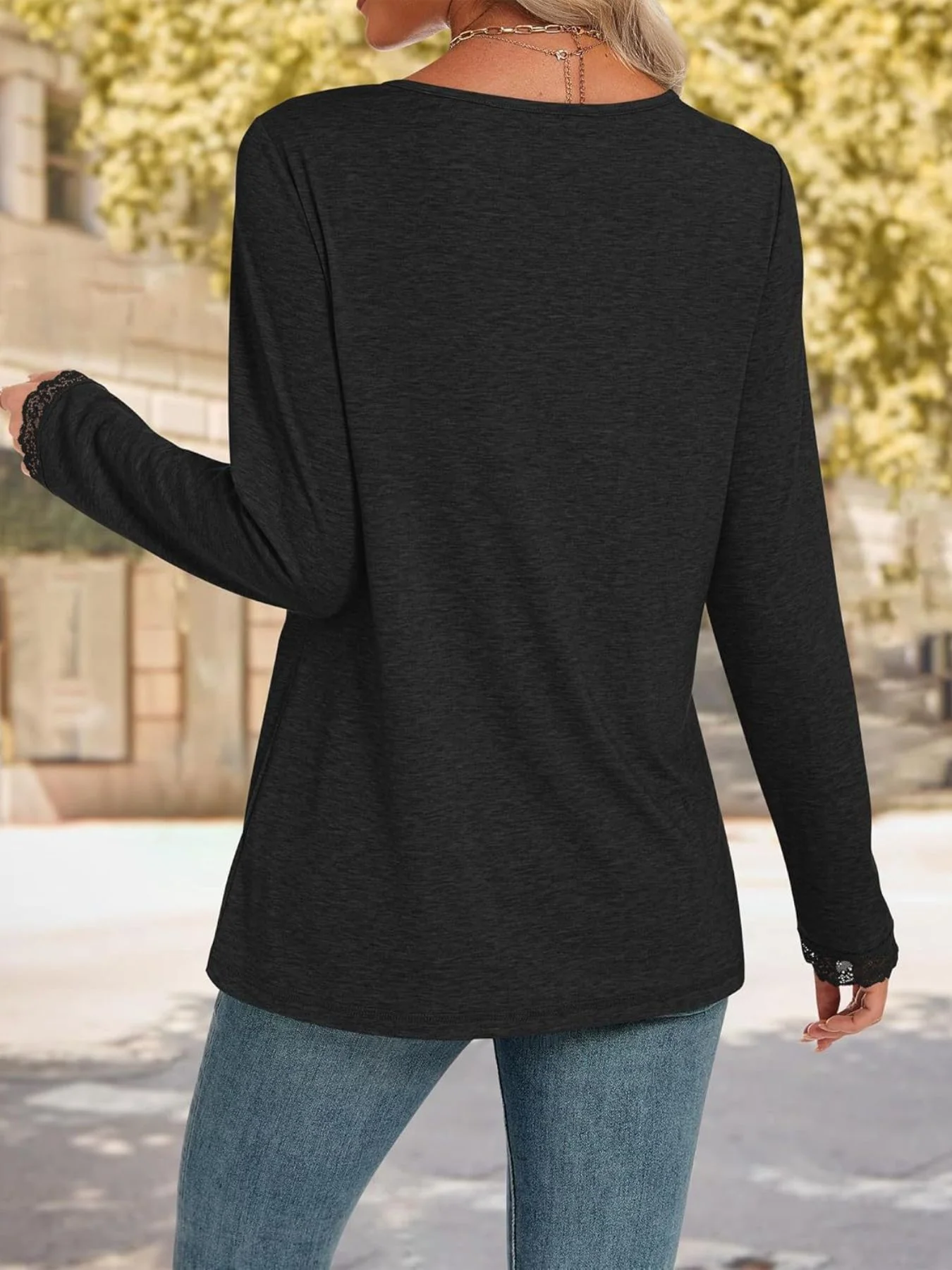 Lace Trim V-Neck Long Sleeve T-Shirt - Image 9