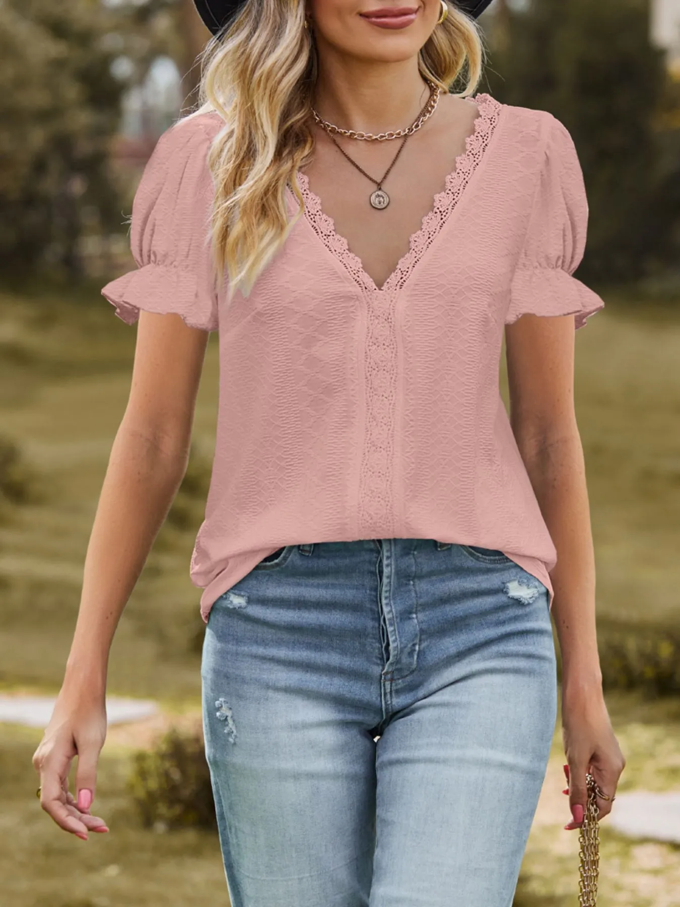 Lace Trim V-Neck Puff Sleeve Blouse - Image 12