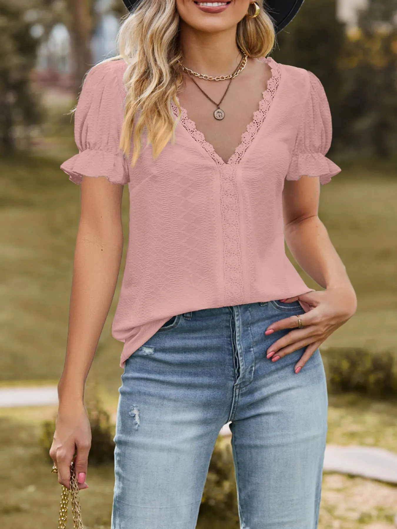 Lace Trim V-Neck Puff Sleeve Blouse - Image 13