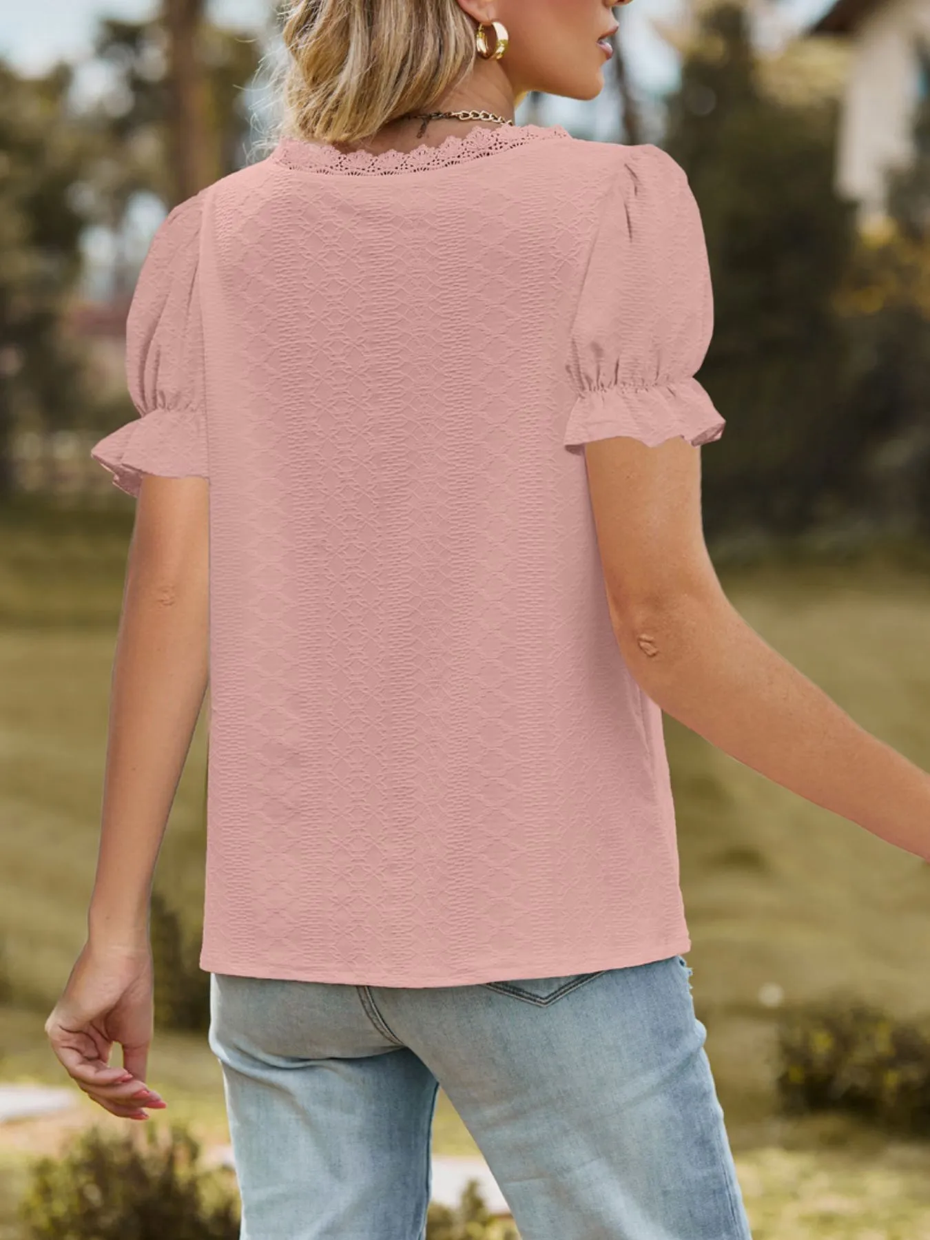 Lace Trim V-Neck Puff Sleeve Blouse - Image 15