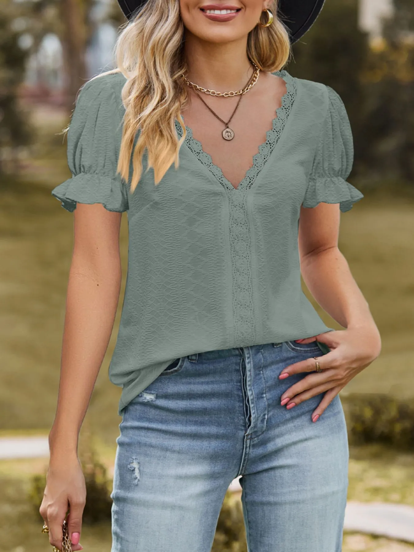 Lace Trim V-Neck Puff Sleeve Blouse - Image 17