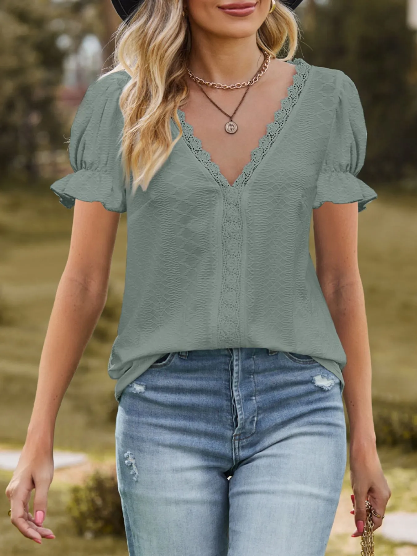 Lace Trim V-Neck Puff Sleeve Blouse - Image 18