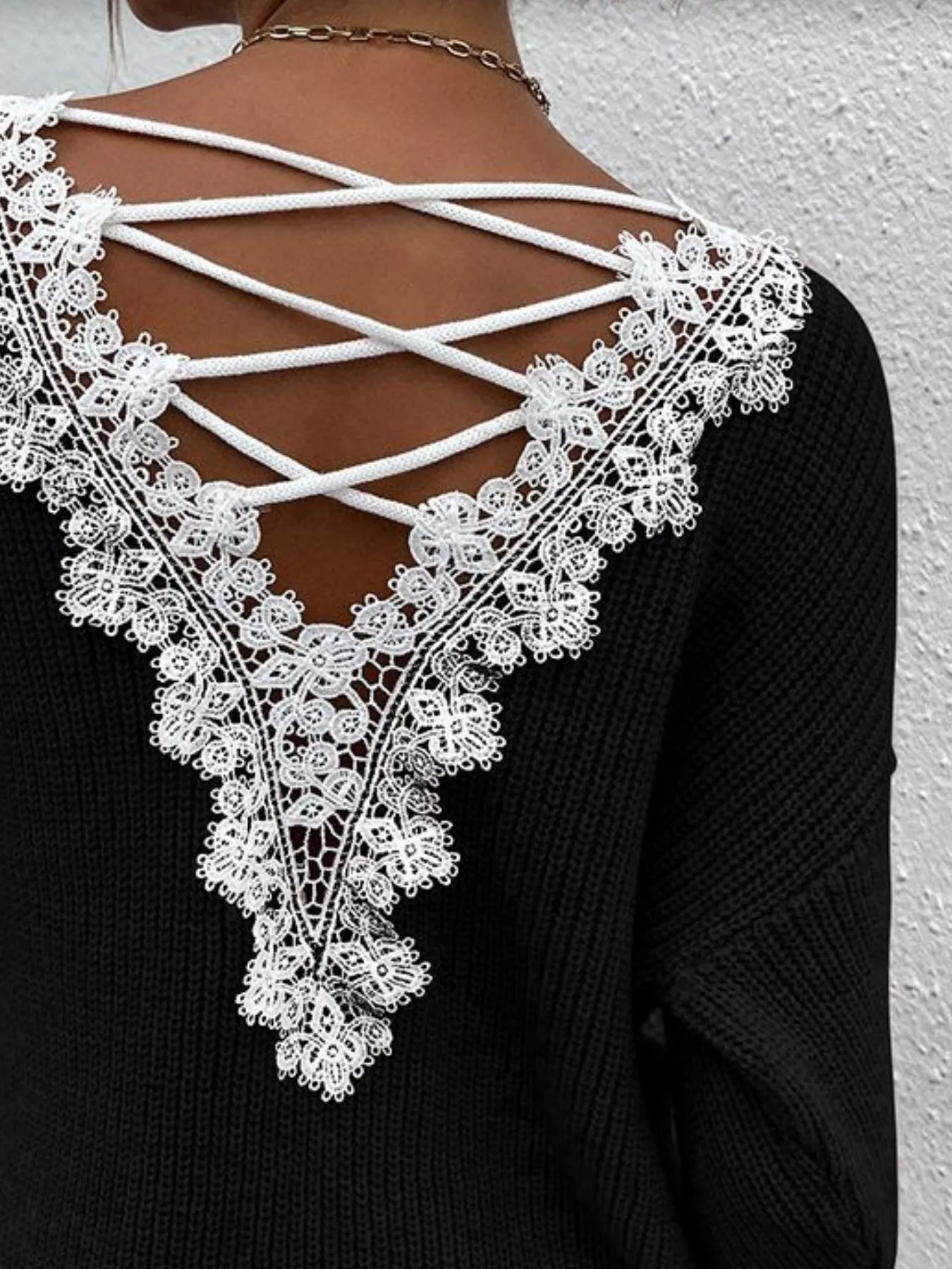 Lace-Trimmed Back V-Neck Sweater - Image 10