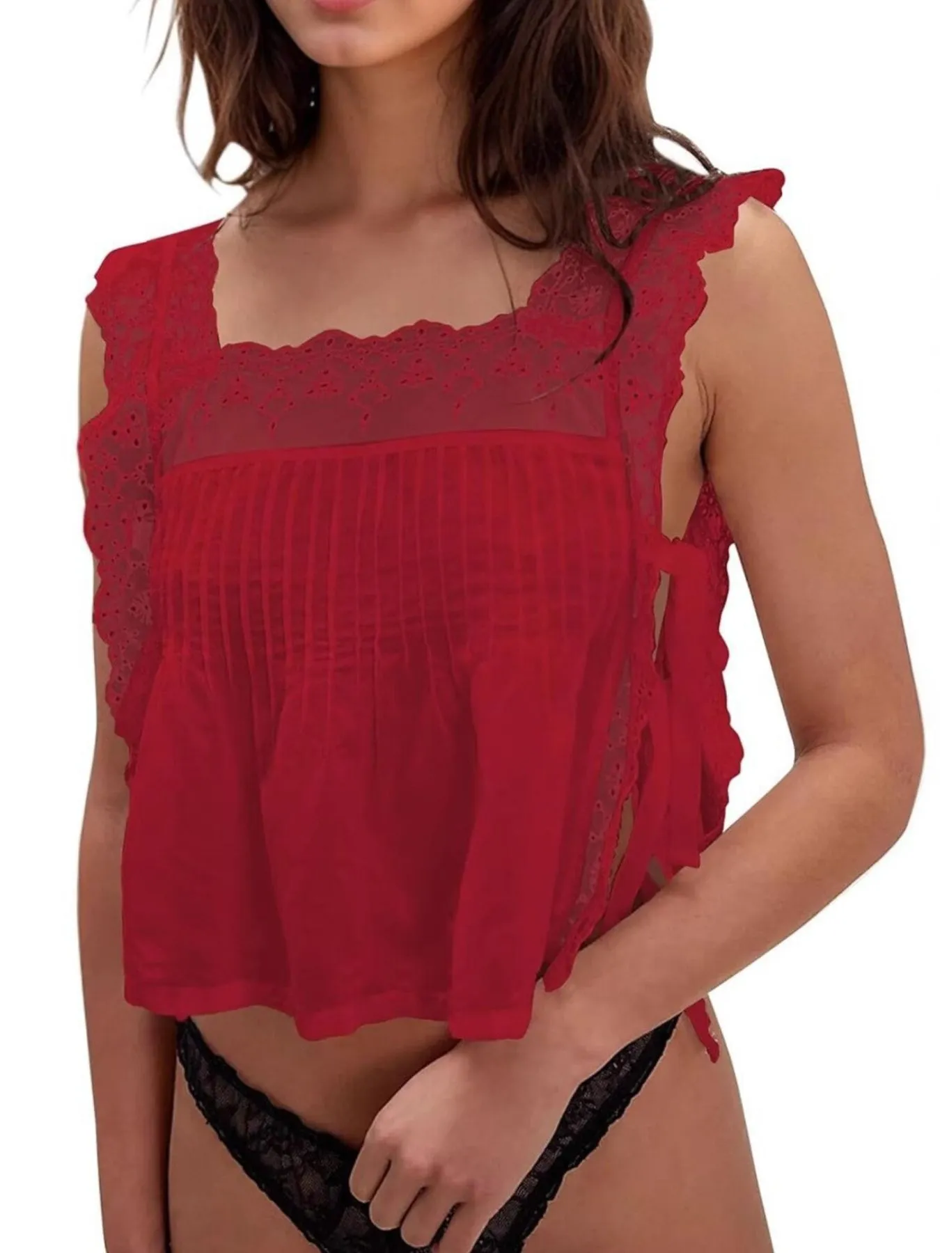 Lace-Trimmed Eyelet Square Neck Top - Image 8