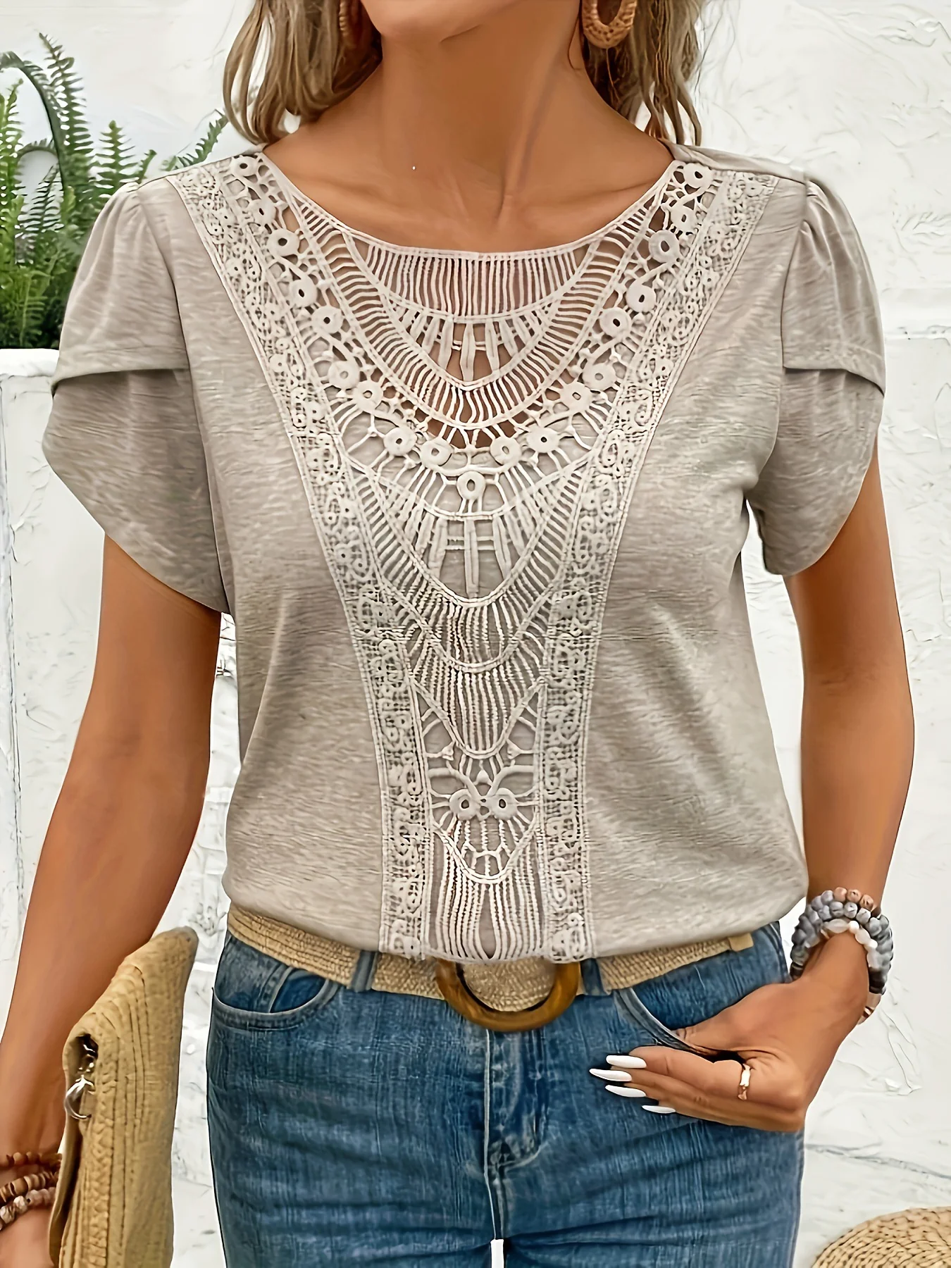 Lace Trimmed Petal Sleeve Casual Top