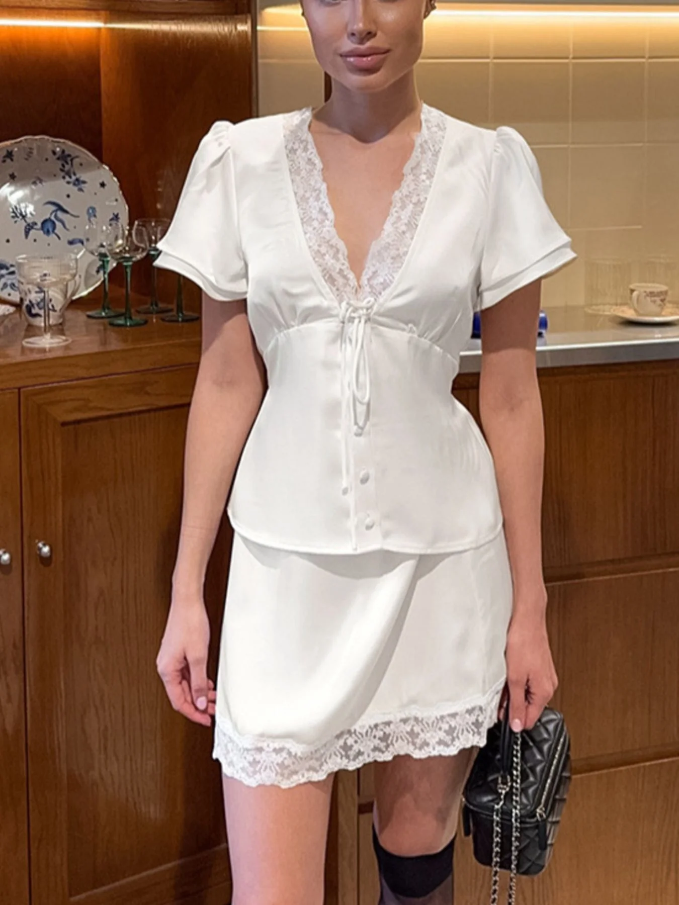 Lace Trimmed Top and Skirt Two-Piece Set - Image 11