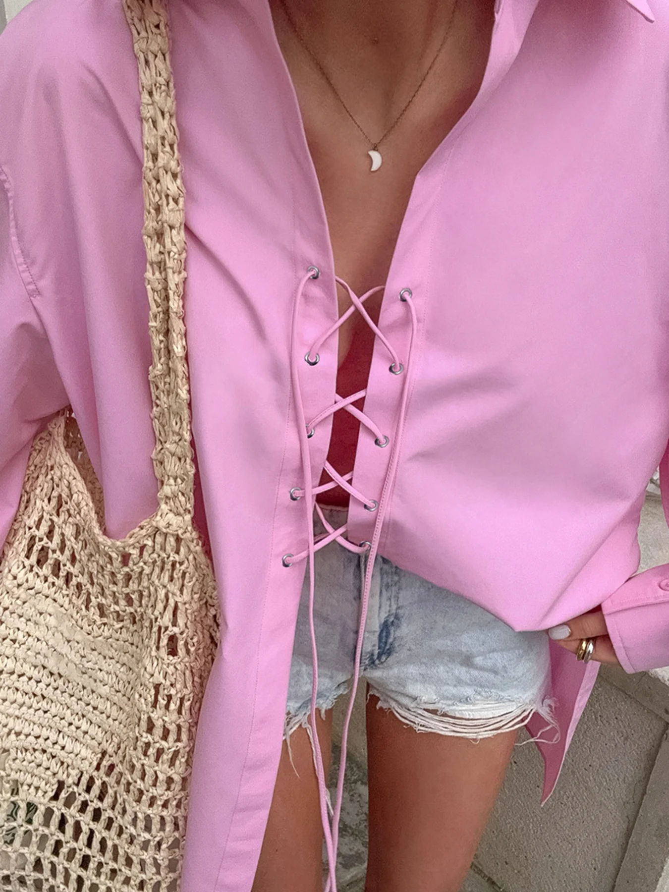 Lace-Up Front Oversized Shirt - Image 2