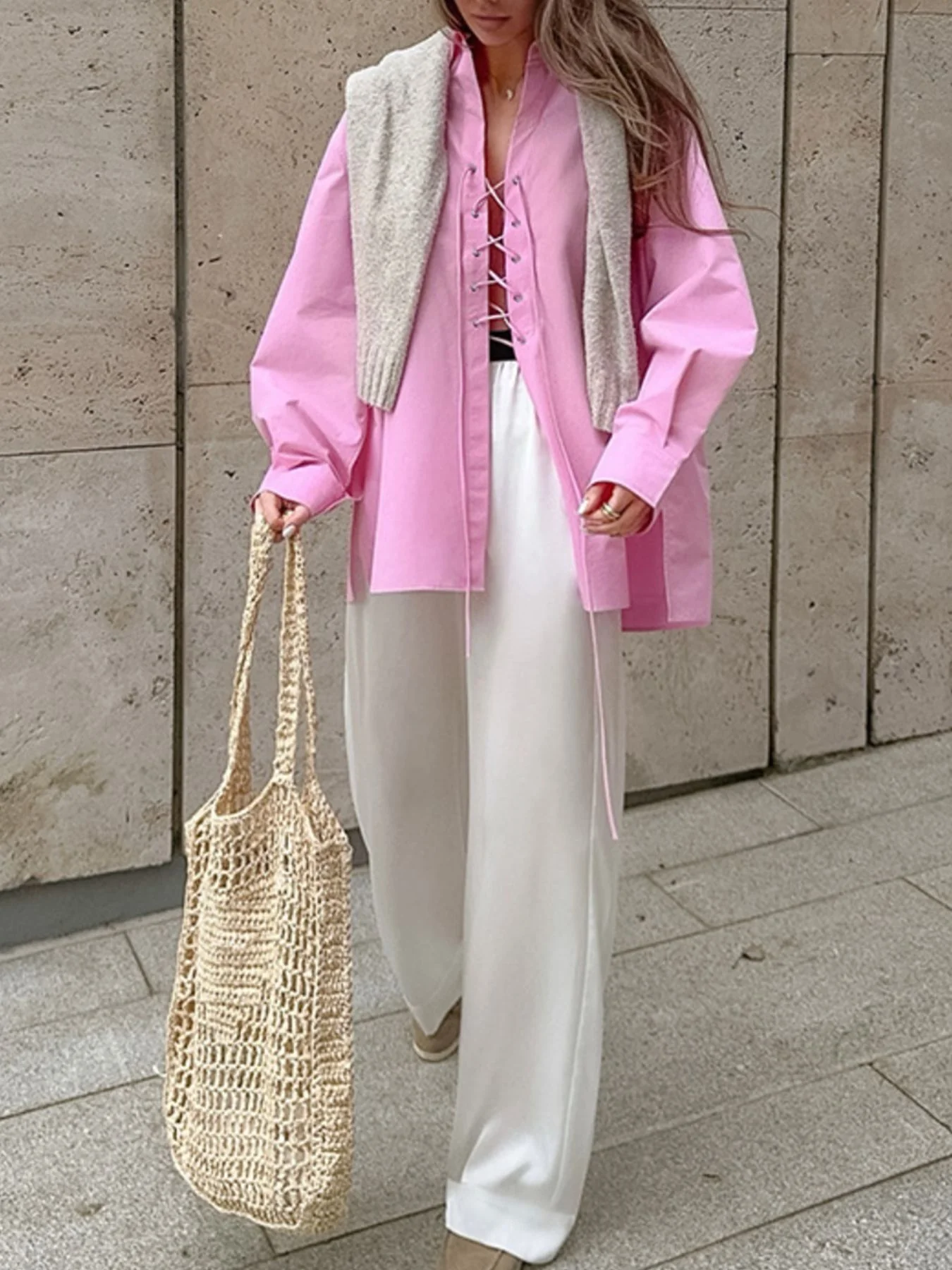 Lace-Up Front Oversized Shirt - Image 5