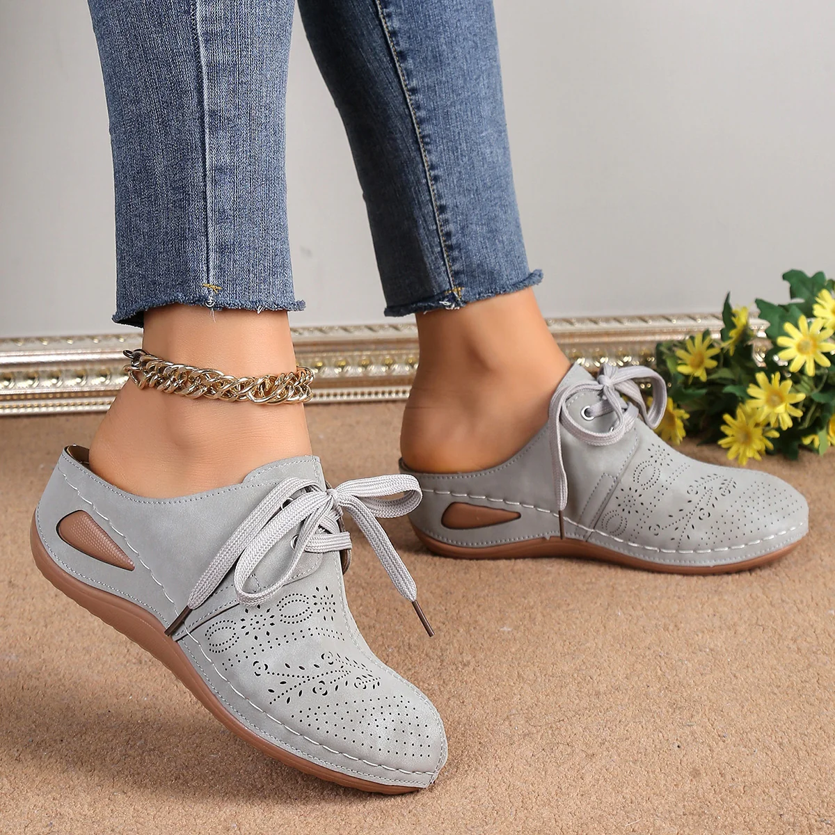 Lace-Up Round Toe Wedge Sandals - Image 8