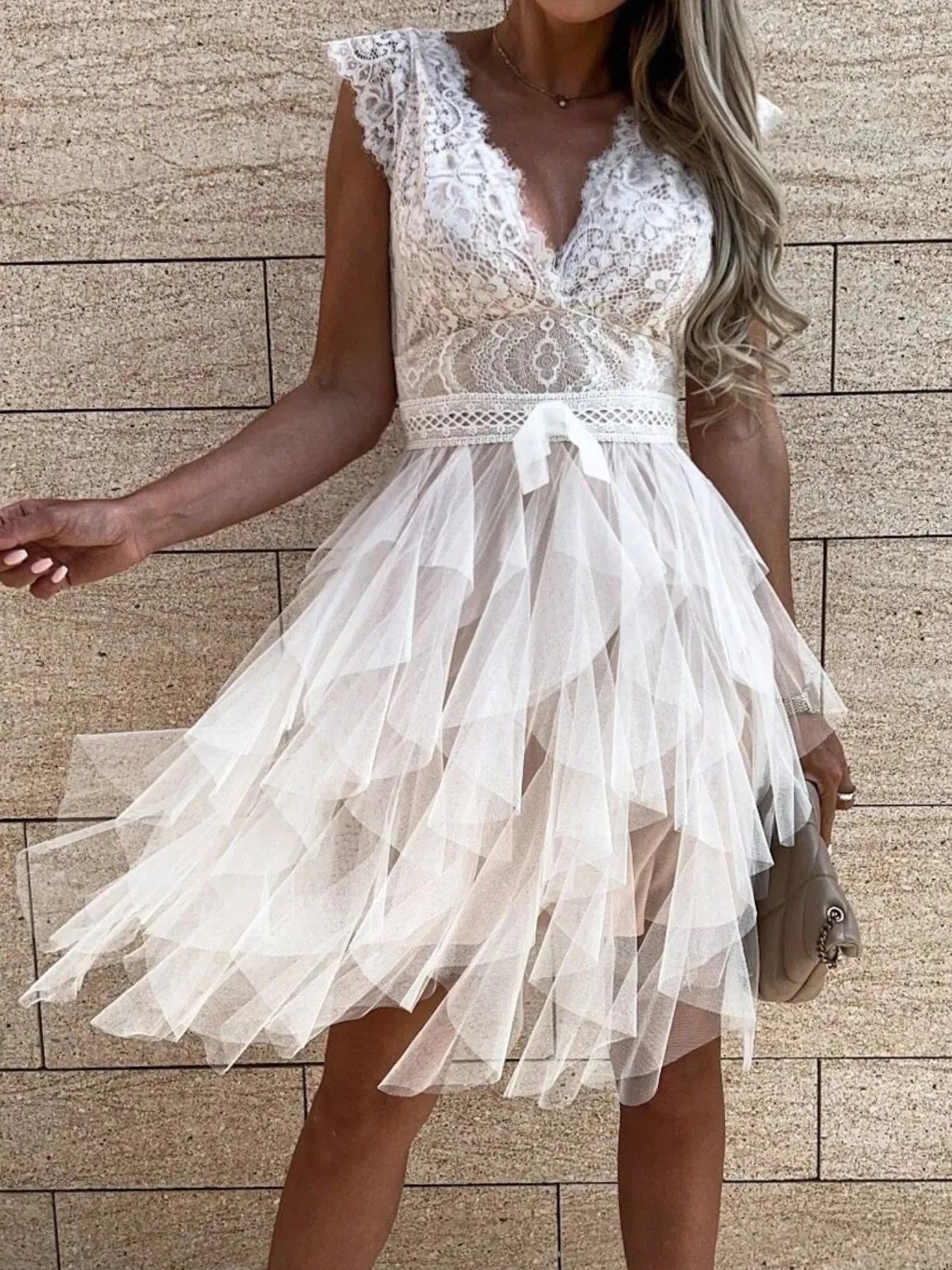 Lace V-Neck Ruffle Dress - Image 3