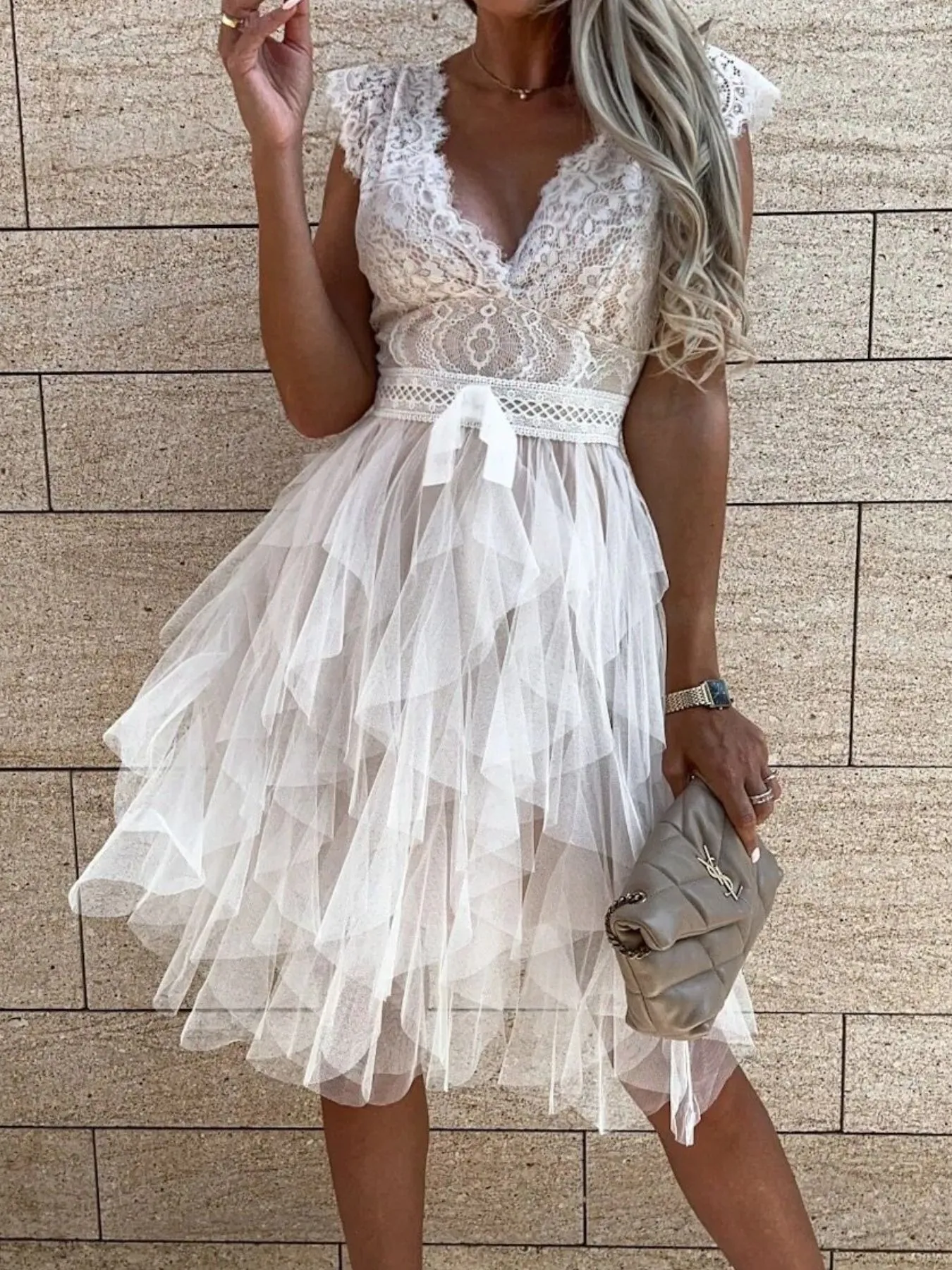 Lace V-Neck Ruffle Dress - Image 4
