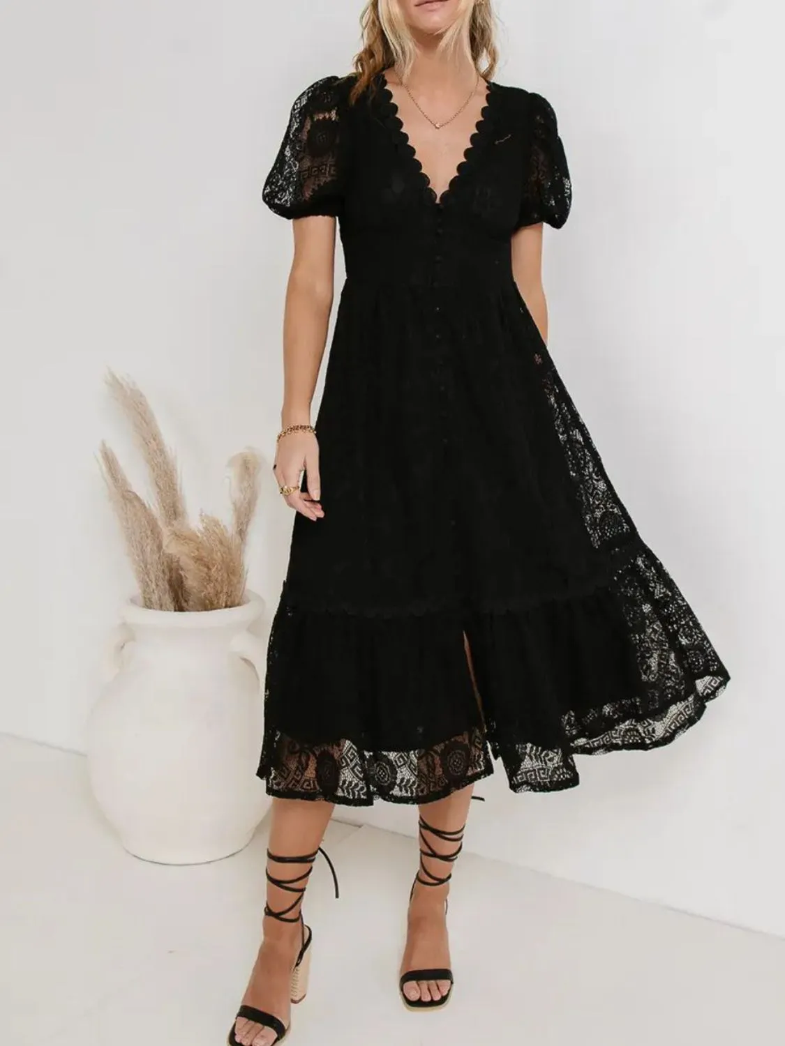 Lace V-Neck Short Sleeve Dress - Image 14