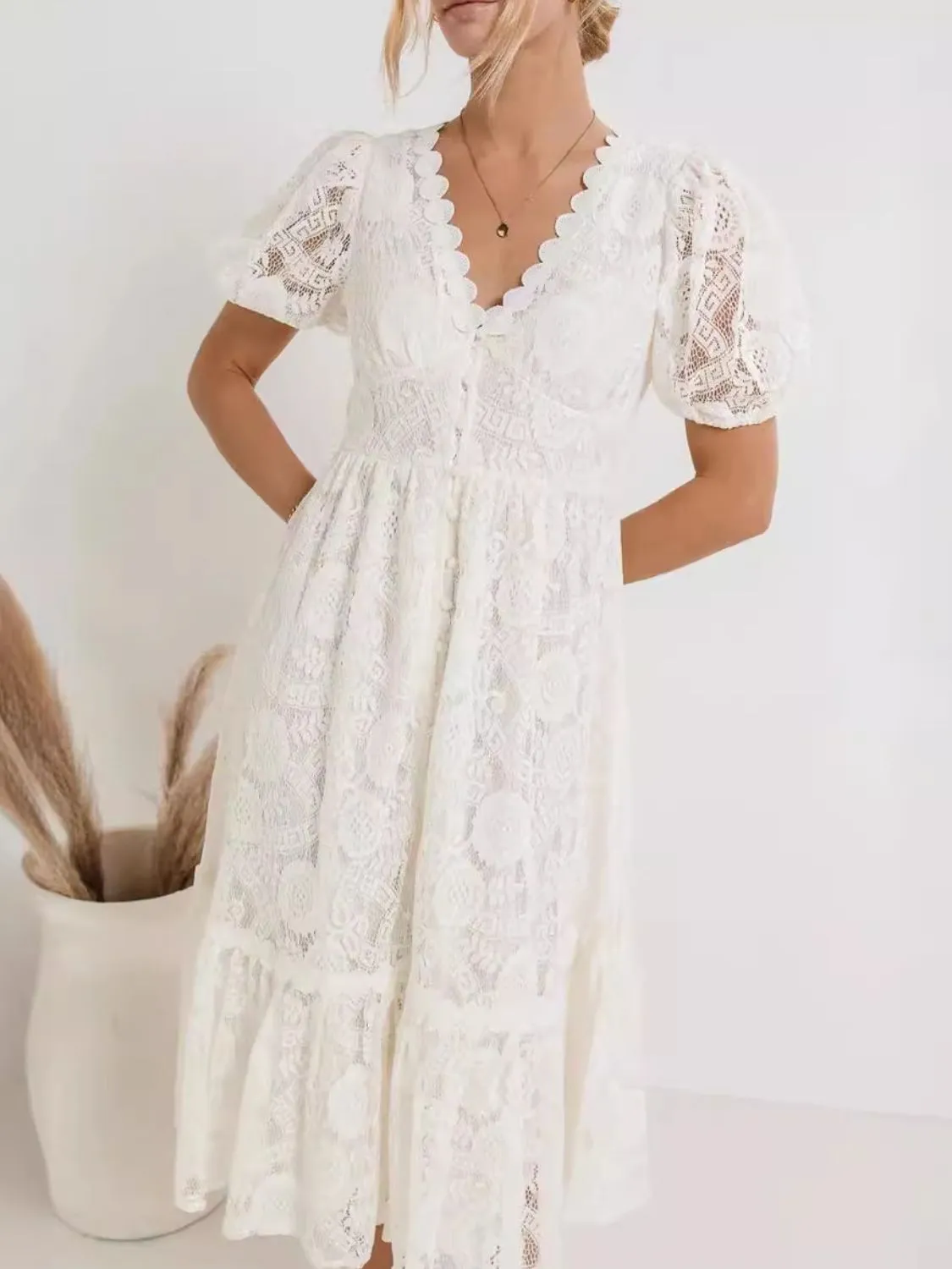 Lace V-Neck Short Sleeve Dress - Image 2