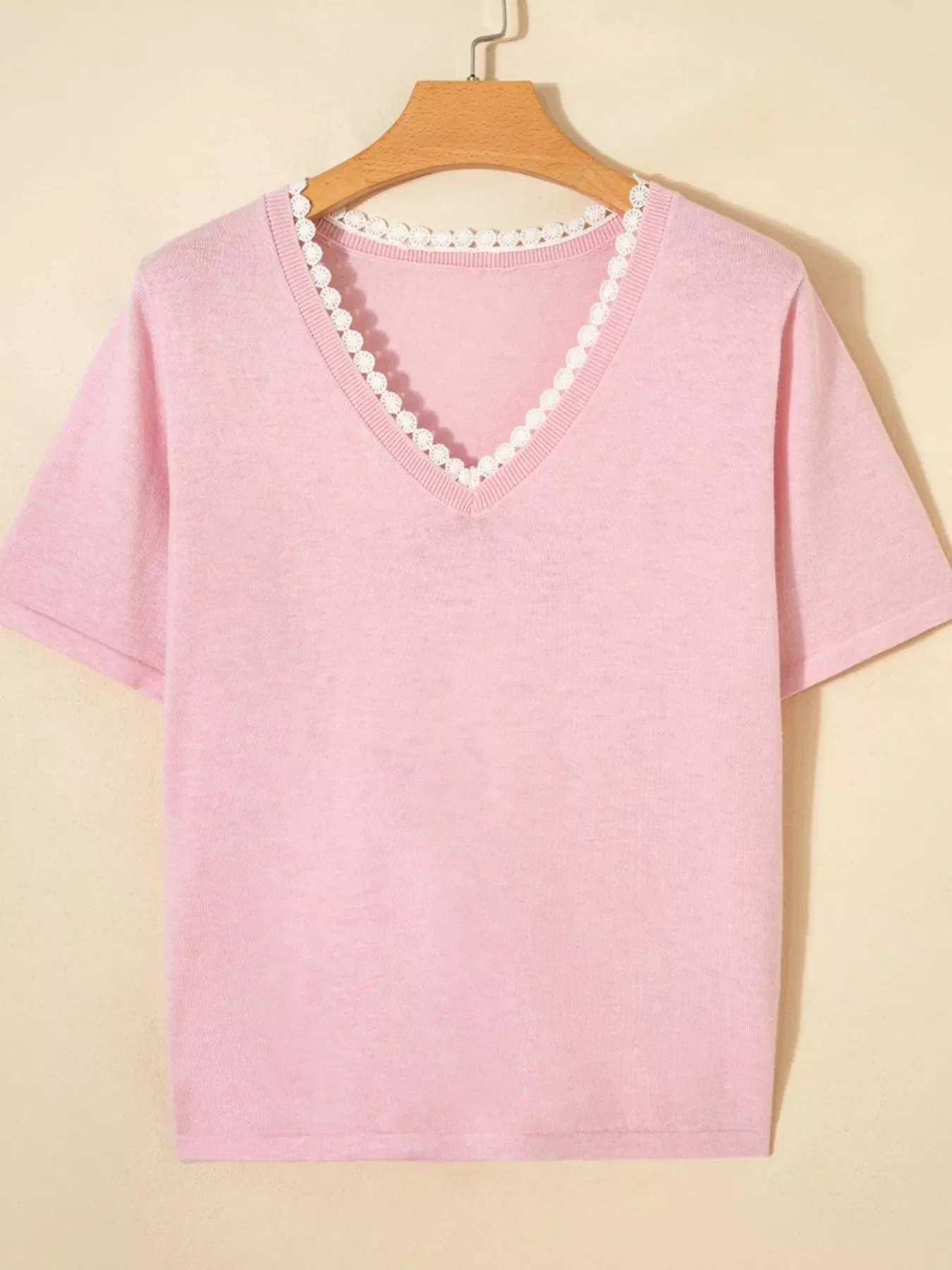 Lace V Neckline Short Sleeve Sweater - Image 5