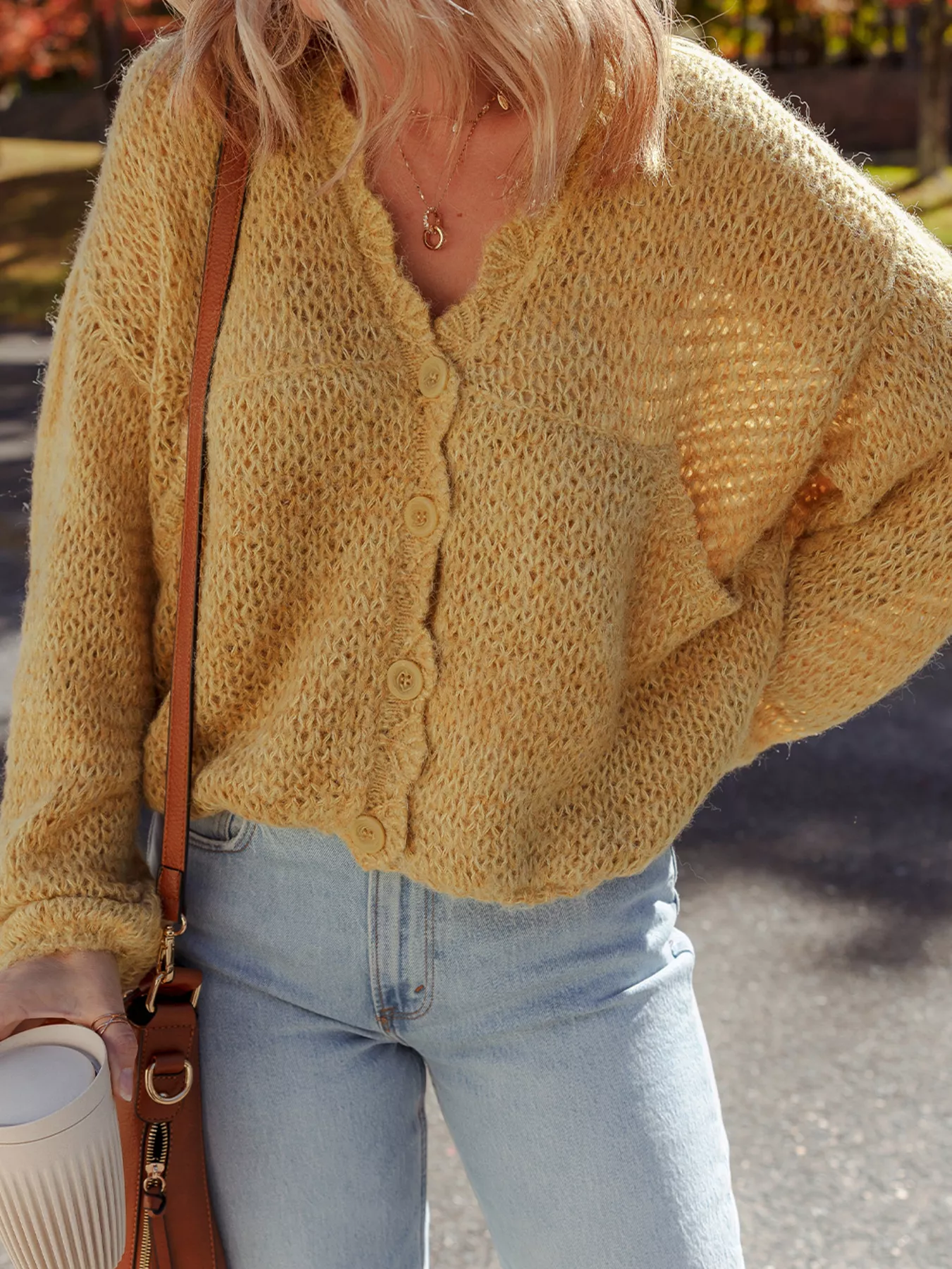 Lantern Sleeve Scallop V Neck Buttoned Front Cardigan - Image 4