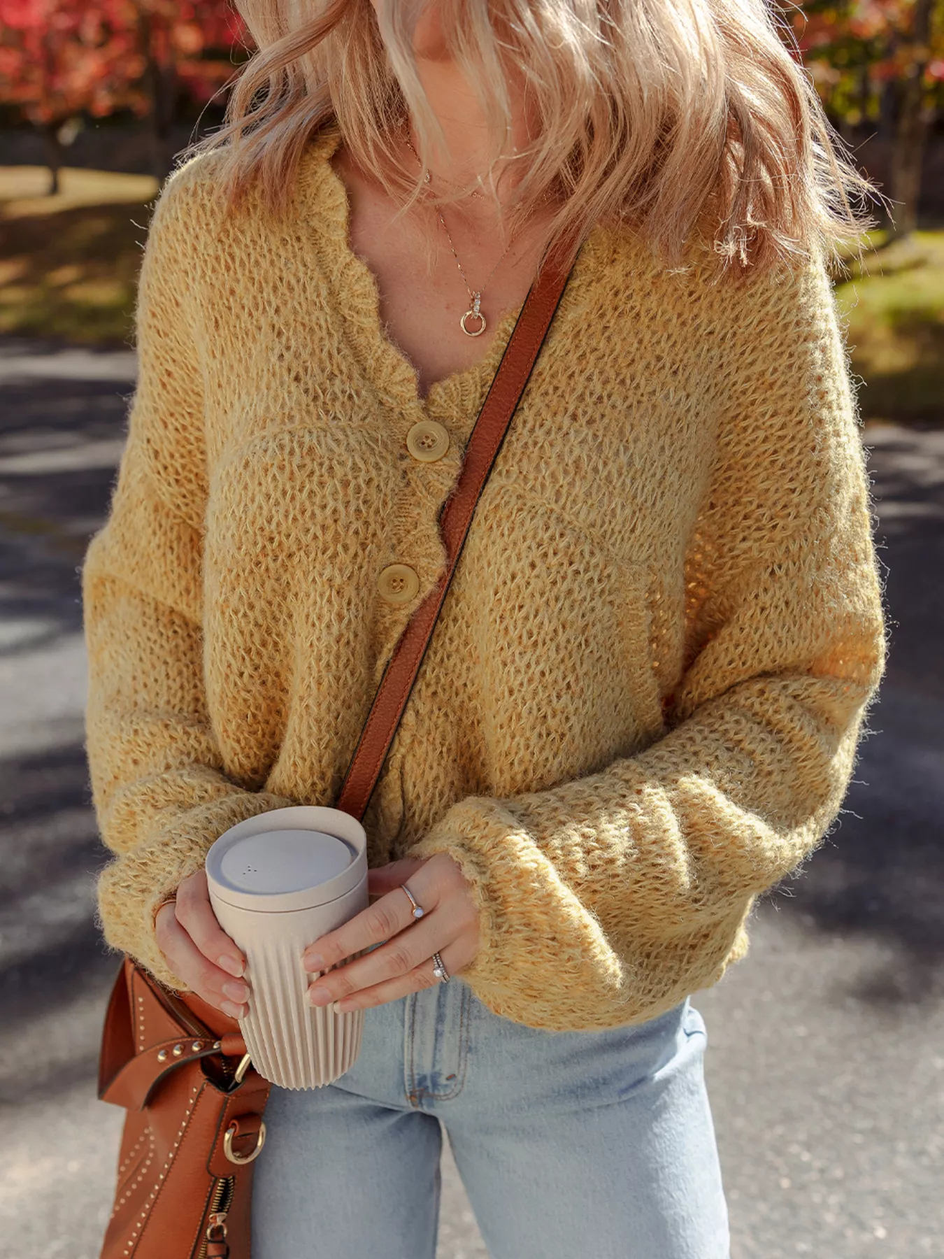 Lantern Sleeve Scallop V Neck Buttoned Front Cardigan - Image 5