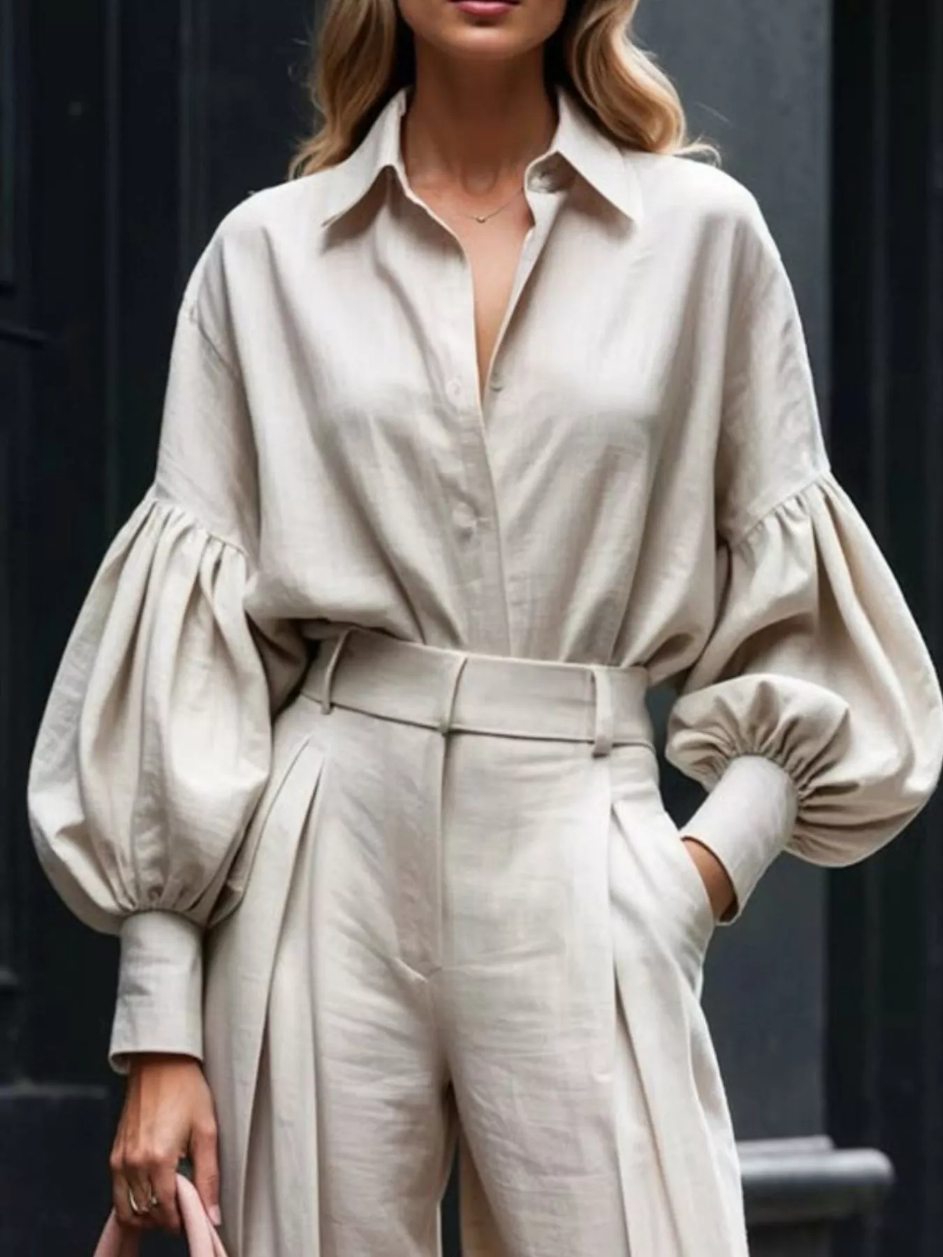 Lantern Sleeve Shirt and Wide Leg Pants Set - Image 5